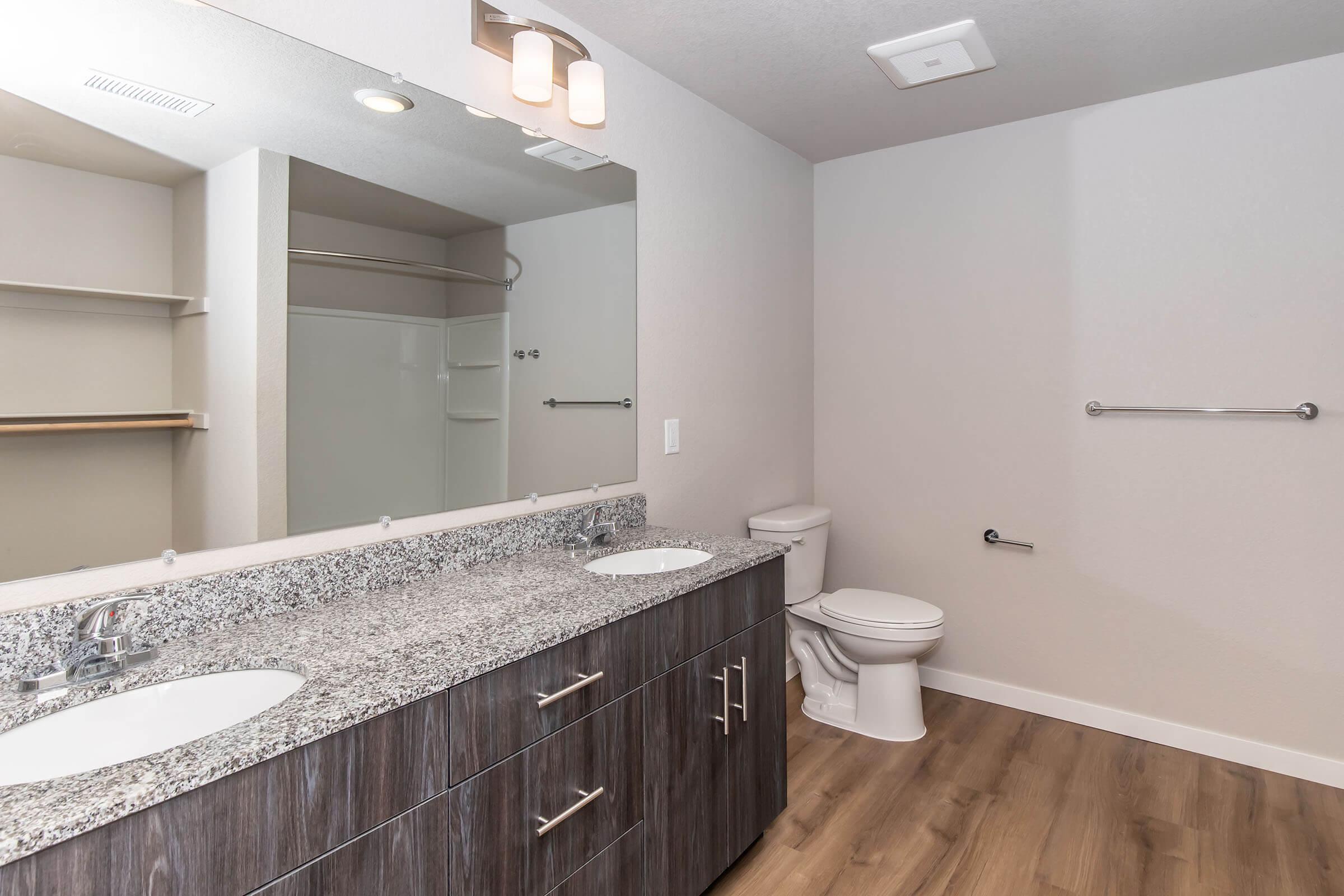 Modern bathroom with a double sink vanity featuring granite countertops, large mirror, and ample storage. The space includes a toilet and a shower area, with light wood flooring and neutral-colored walls, creating a clean and spacious atmosphere.