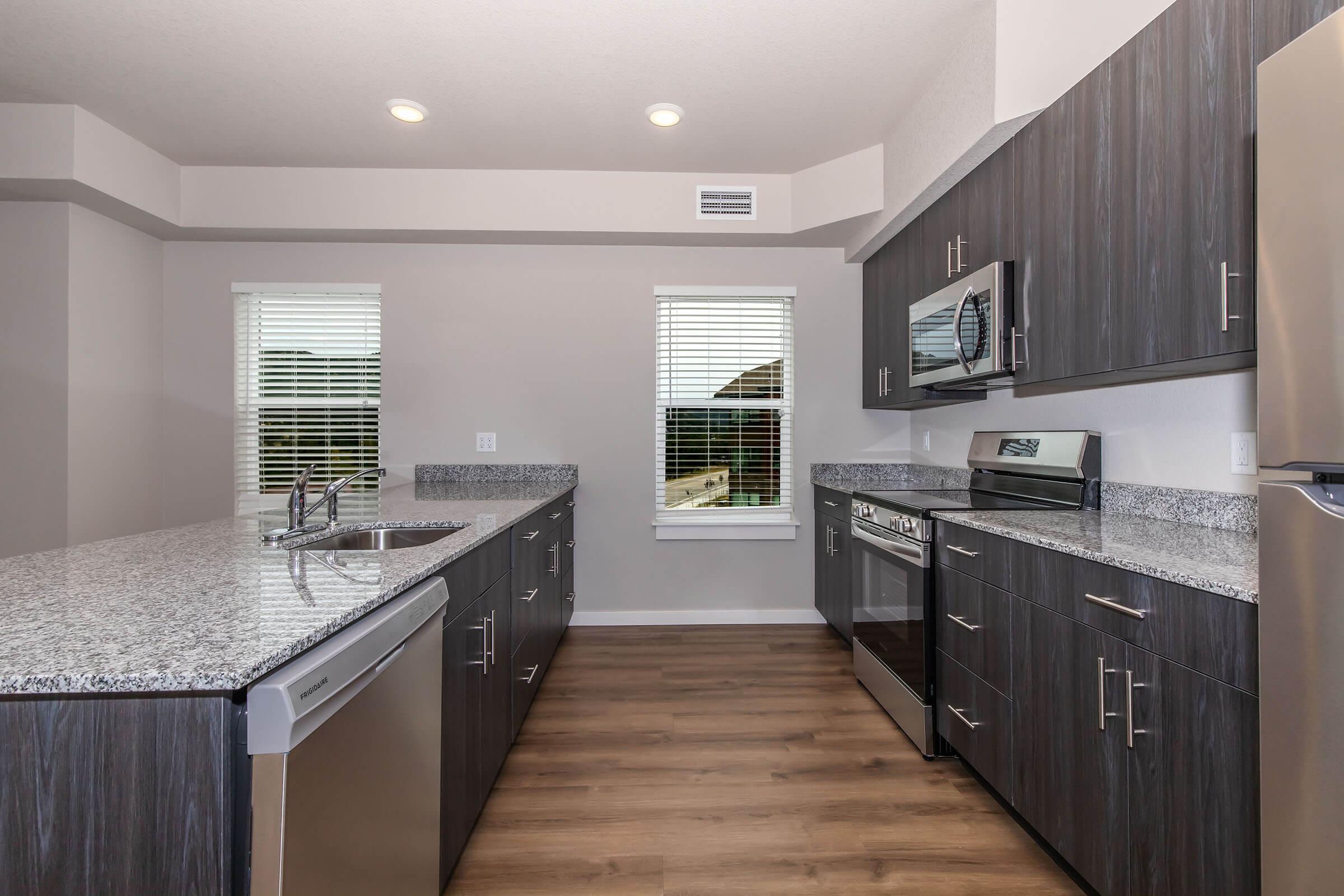 Modern kitchen featuring dark wood cabinetry, a granite countertop, stainless steel appliances including a microwave and oven, and a dishwasher. Natural light enters through two windows with blinds, and the floor is a warm wood finish. The design is sleek and contemporary, ideal for a functional cooking space.