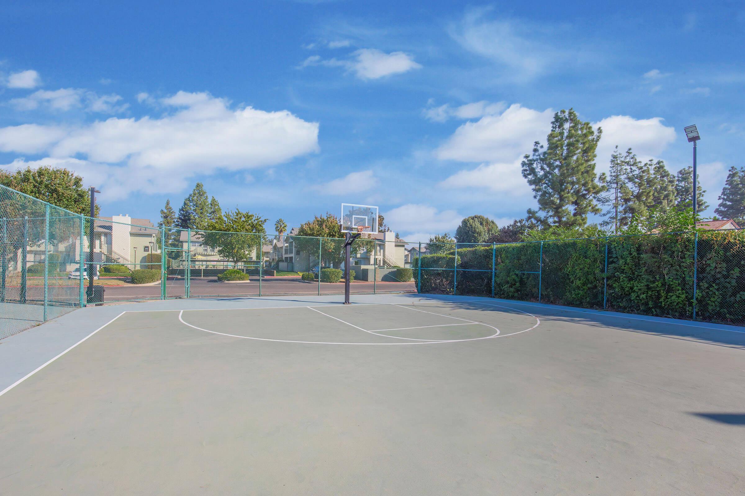 A basketball court surrounded by greenery and residential buildings, with clear blue skies above. The court features a hoop and is ready for play, with painted lines marking the playing area. Trees and fences frame the court, creating a vibrant and inviting atmosphere.