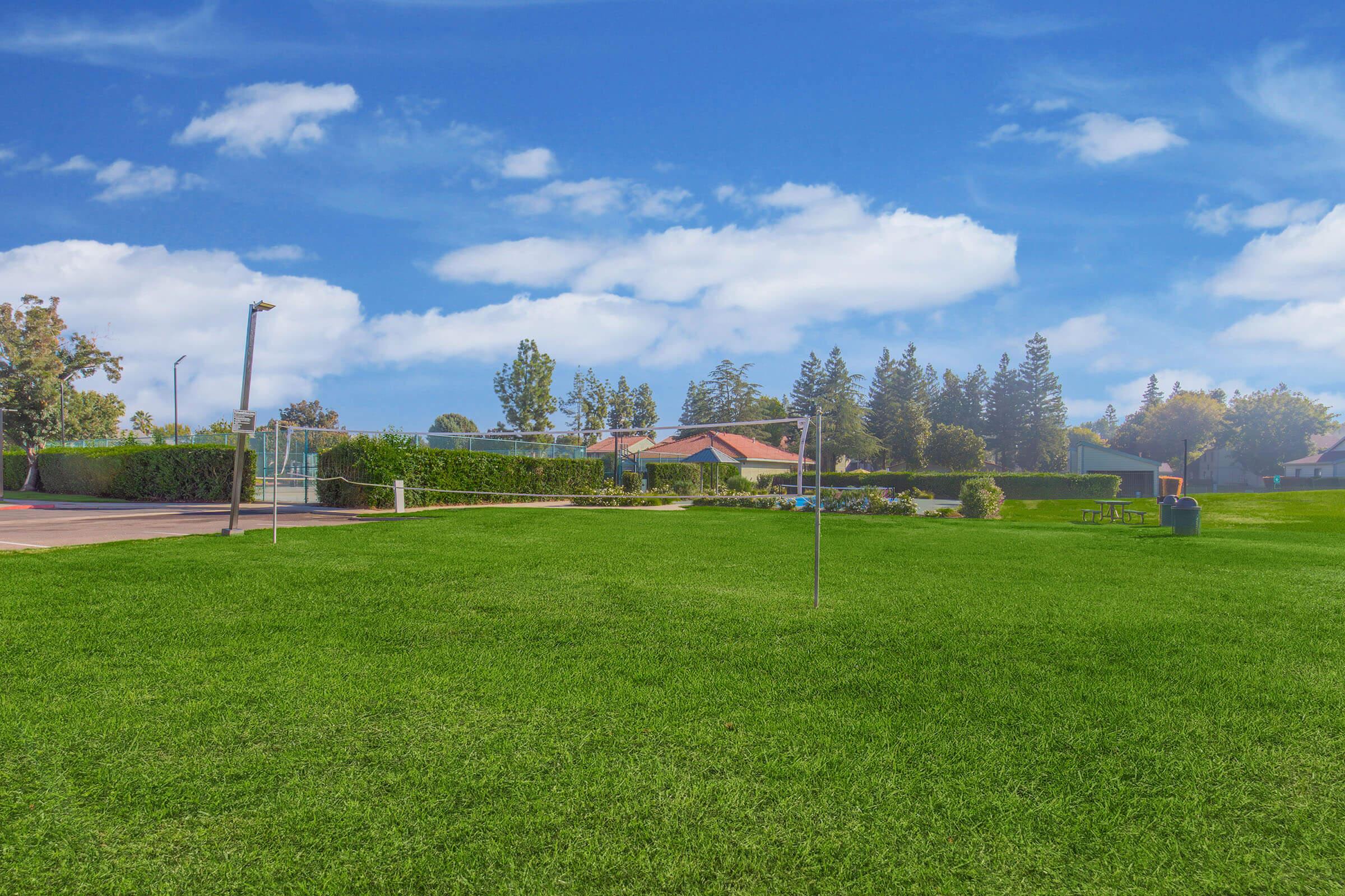 A spacious green park with well-maintained grass. In the foreground, a volleyball net stands empty. In the background, there are trees and several houses, with a clear blue sky and fluffy clouds overhead. The park area is inviting and tranquil, perfect for outdoor activities and relaxation.