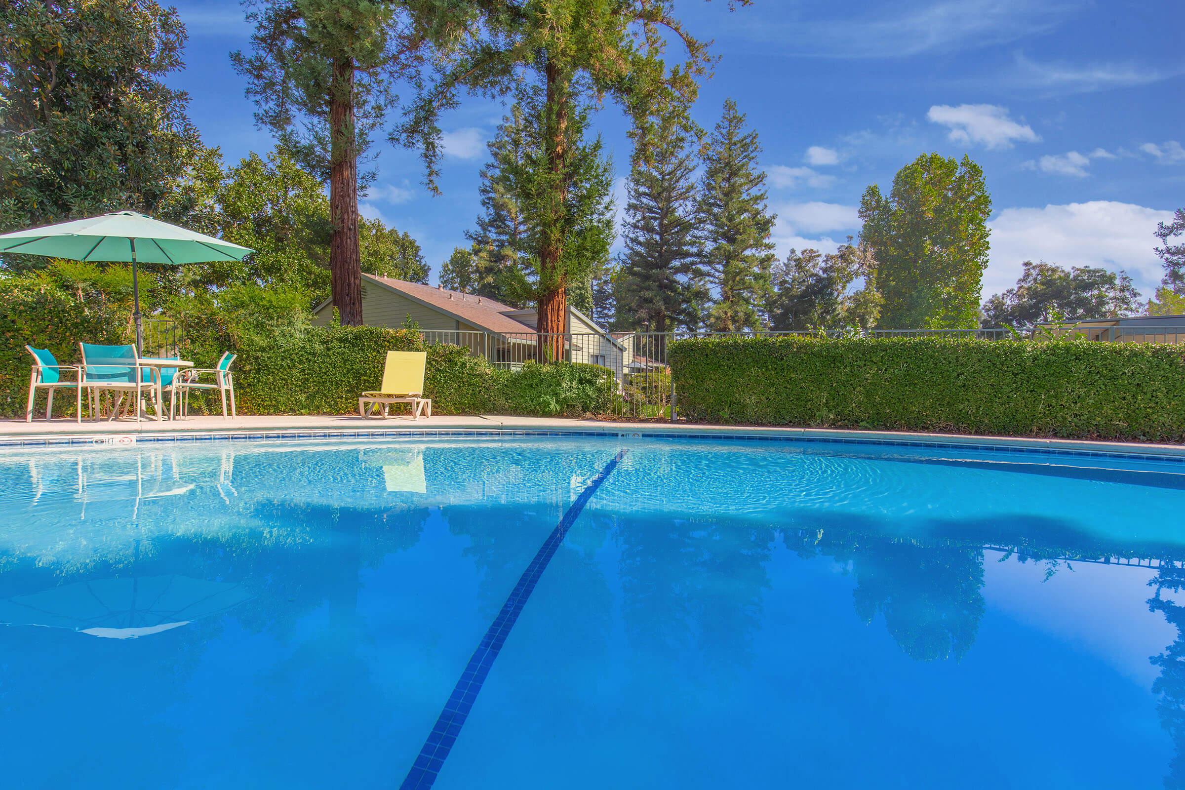 A serene outdoor pool scene featuring clear blue water reflecting the sky, surrounded by lush greenery and tall trees. A patio area includes chairs and an umbrella in shades of green, along with a yellow lounge chair, all set against a backdrop of a well-maintained garden and residential buildings.