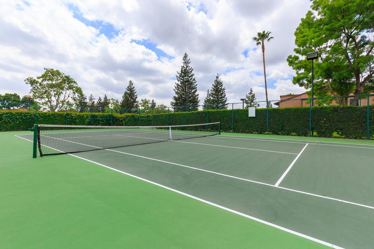 a green ball on a court with a racket