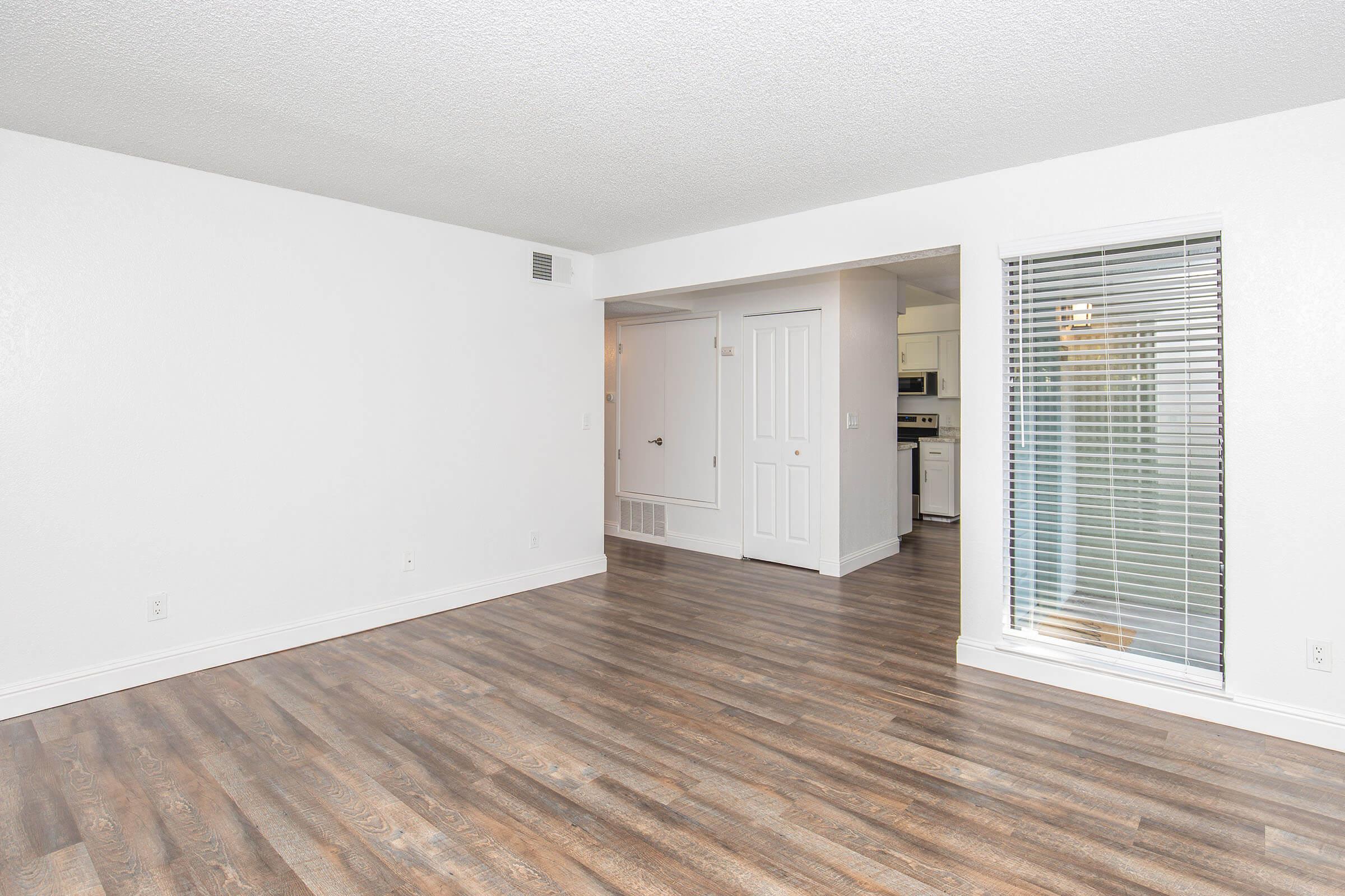 A spacious, empty room with light-colored walls and hardwood flooring. It features a doorway leading to a kitchen area, a closet door, and a window with vertical blinds that provides natural light. The overall ambiance is bright and minimalistic, ideal for various decorating styles.