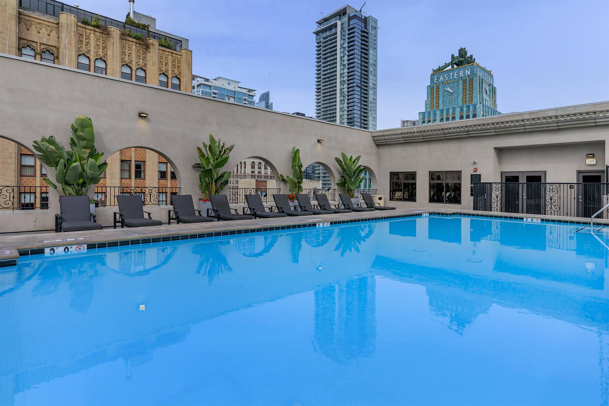 a building with a large pool of water