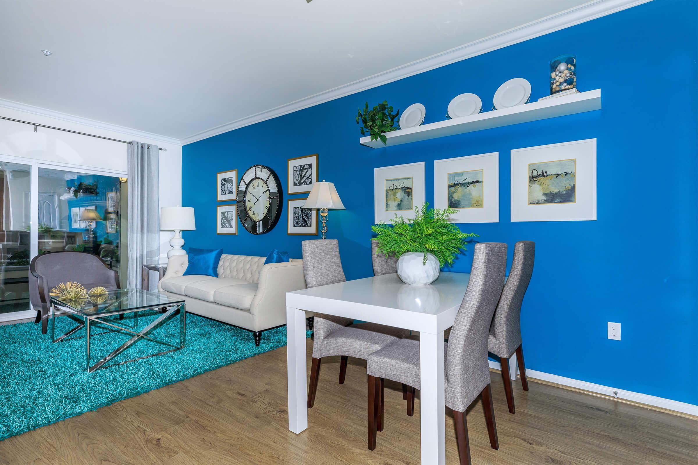 a blue and white furniture in a room