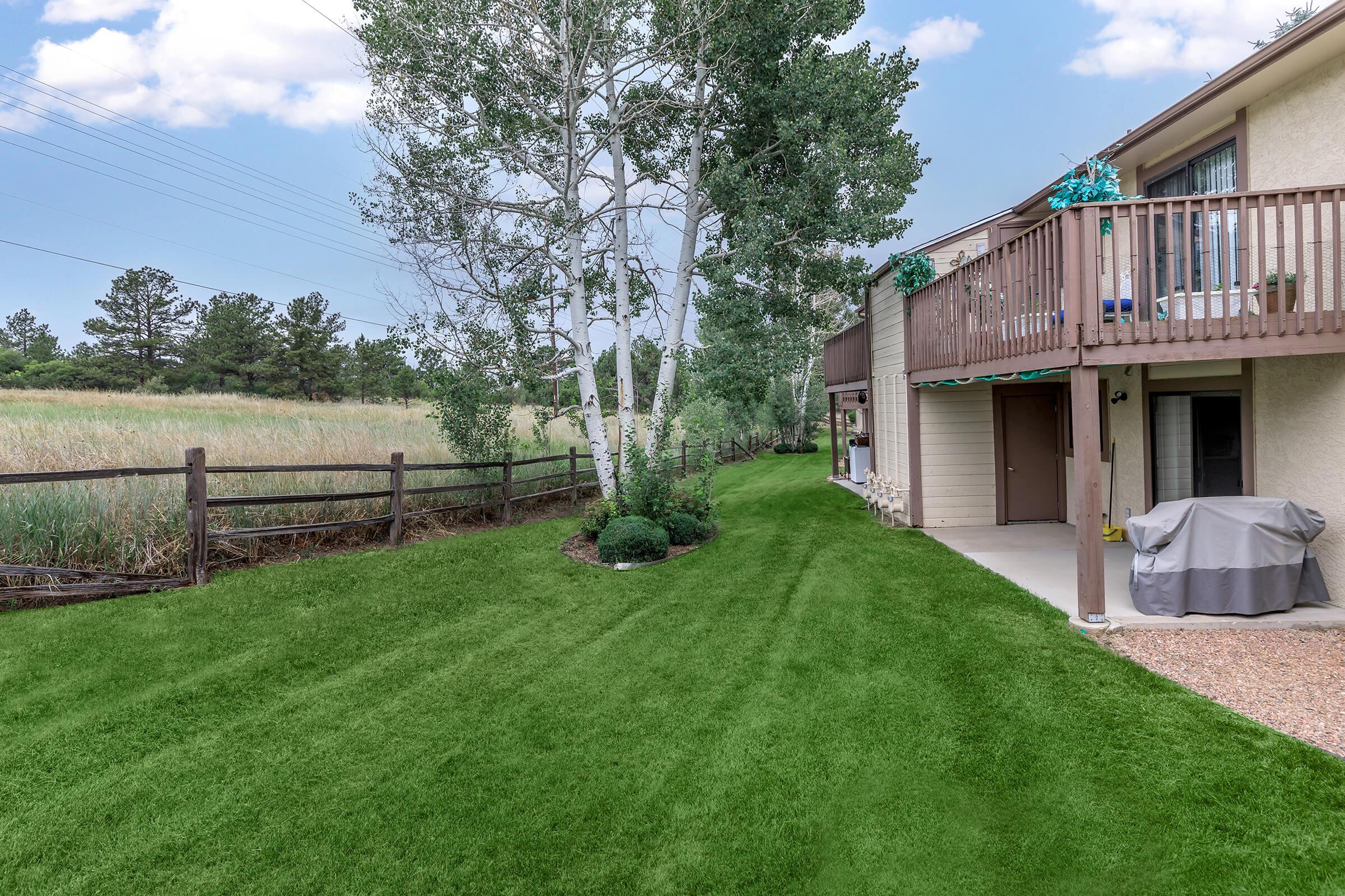 A well-maintained green lawn runs alongside a pathway leading to a two-story building with a balcony. Birch trees are planted in a landscaped area, while a wooden fence and a patch of tall grass are visible in the background under a blue sky with a few clouds.