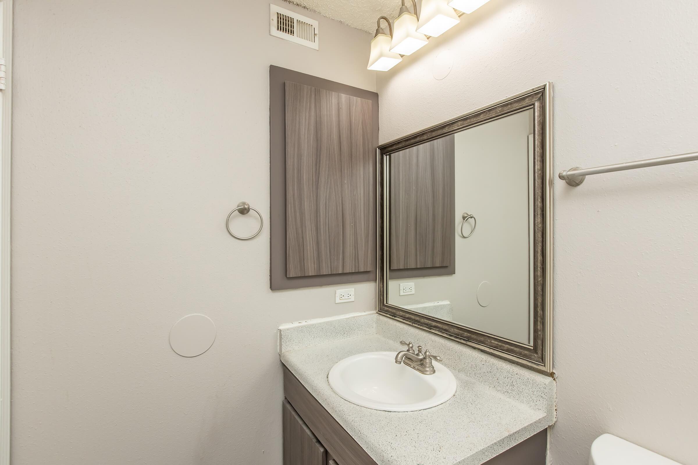 A clean and modern bathroom with a light gray wall, a large mirror framed in silver, and a sink with a circular basin. The vanity has a light-colored countertop and a gray wooden cabinet. A towel ring is mounted next to the mirror, and overhead lights provide bright illumination.
