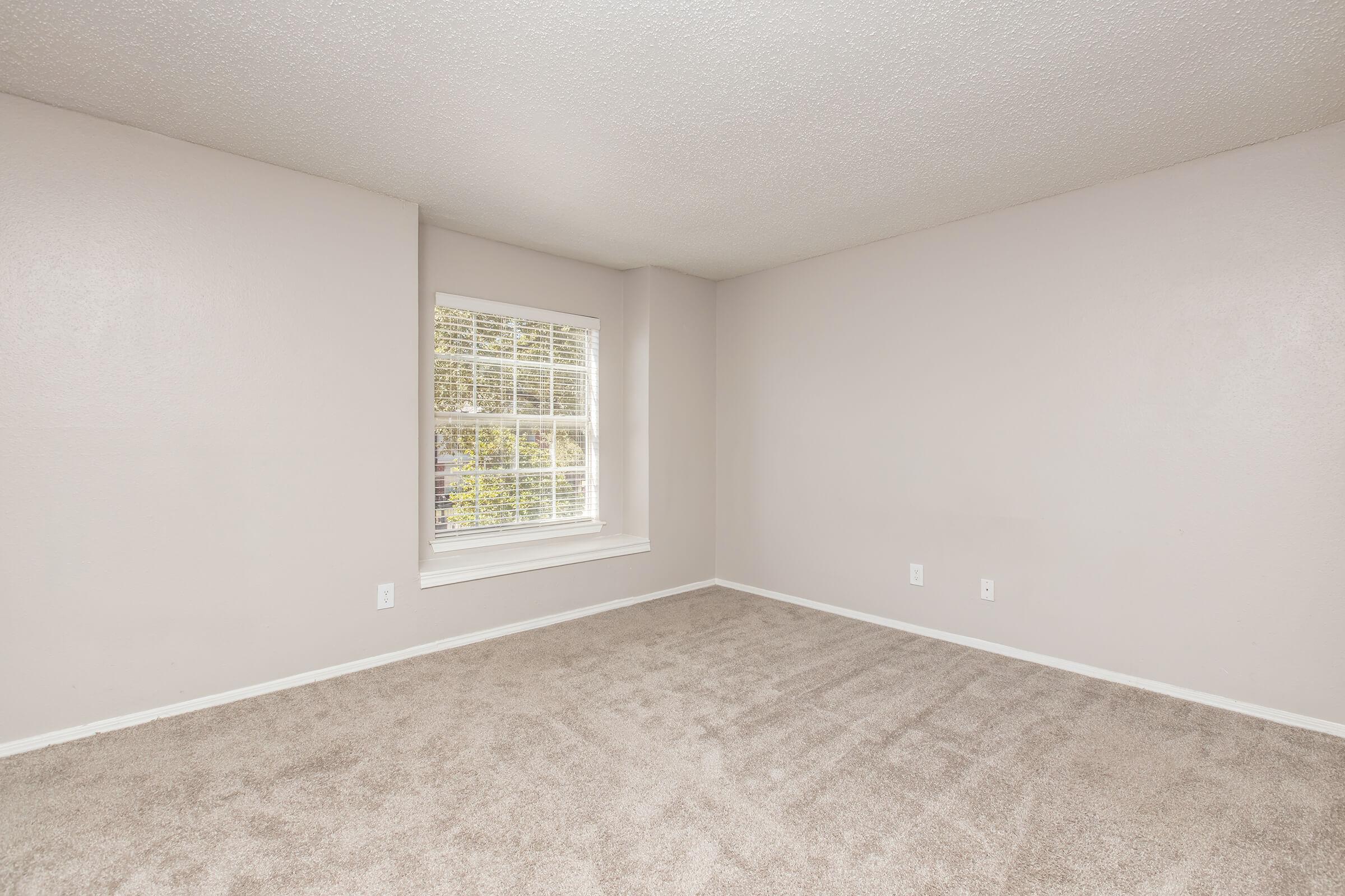 A vacant, well-lit room with light beige walls and plush carpet. It features a large window with white blinds, allowing natural light to fill the space. The room has no furniture, creating an open and airy atmosphere, ideal for personalization.