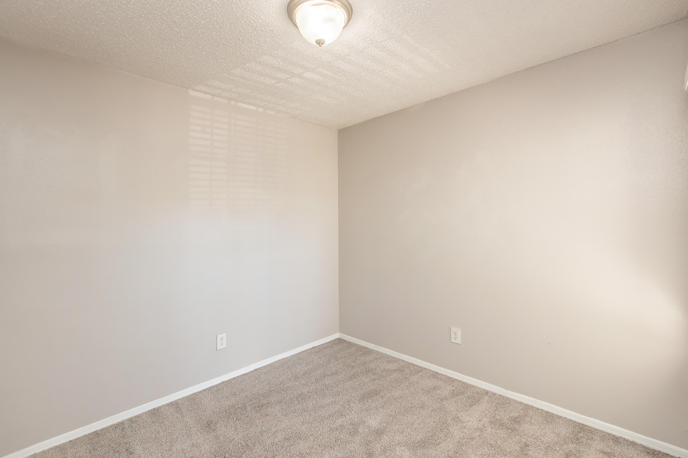Empty room with light-colored walls and a light fixture on the ceiling. The floor is covered with beige carpet, and there are no furnishings or decorations. The room has natural light coming through a window, creating a bright and airy atmosphere.