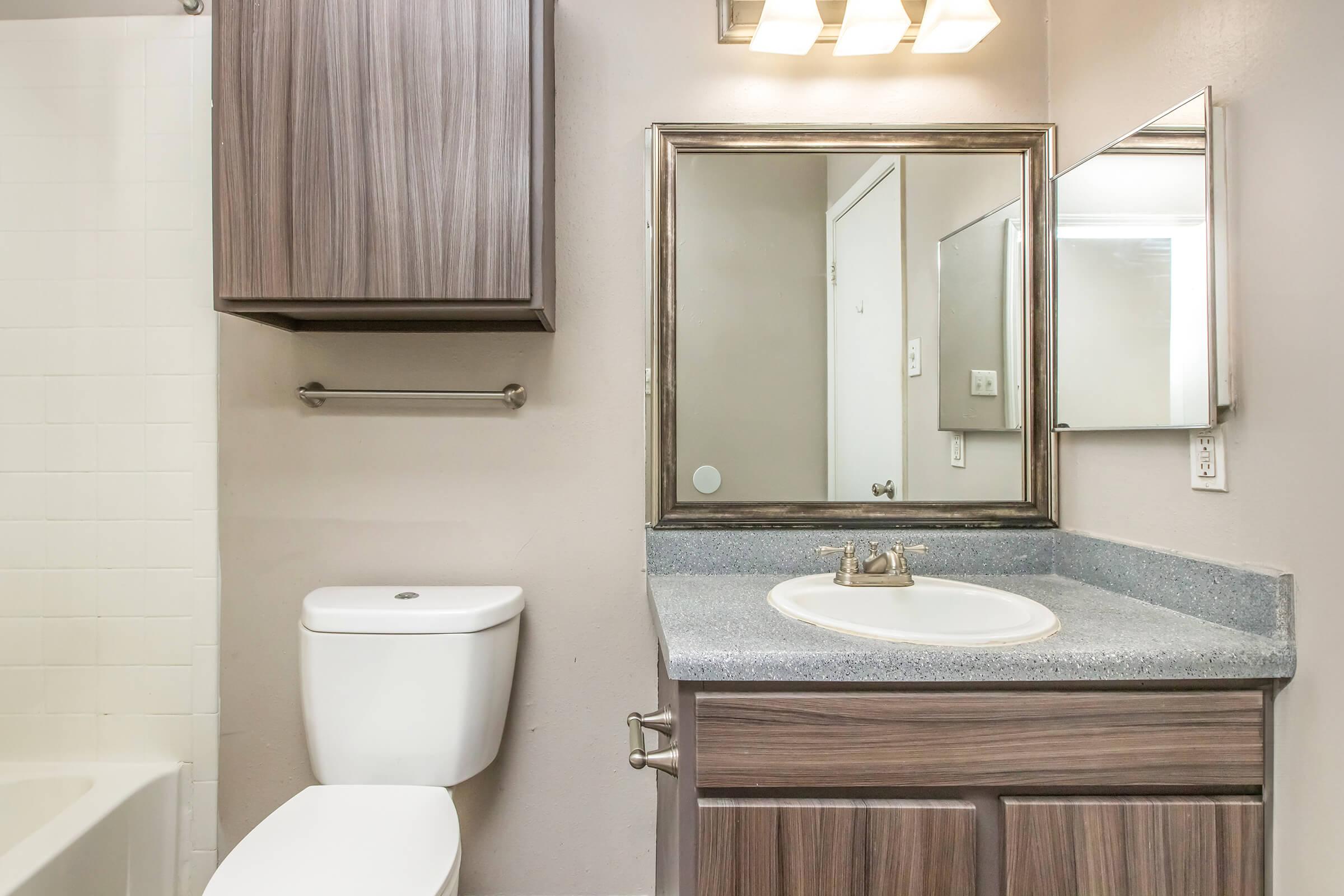 A clean and modern bathroom featuring a white toilet, a gray countertop, and wooden cabinetry. A rectangular mirror hangs above the sink, with a light fixture above it, and a towel bar is mounted on the wall. A bathtub is visible in the background, complementing the overall neutral color scheme.