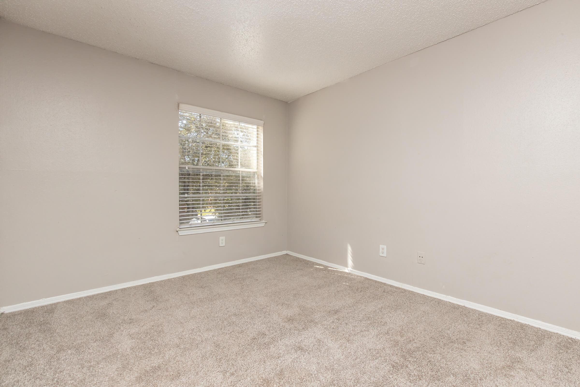 A vacant room with light gray walls and beige carpeting. A window with white blinds allows natural light to enter, creating a bright atmosphere. The room has minimal furnishings and is empty, providing a spacious and uncluttered feel.