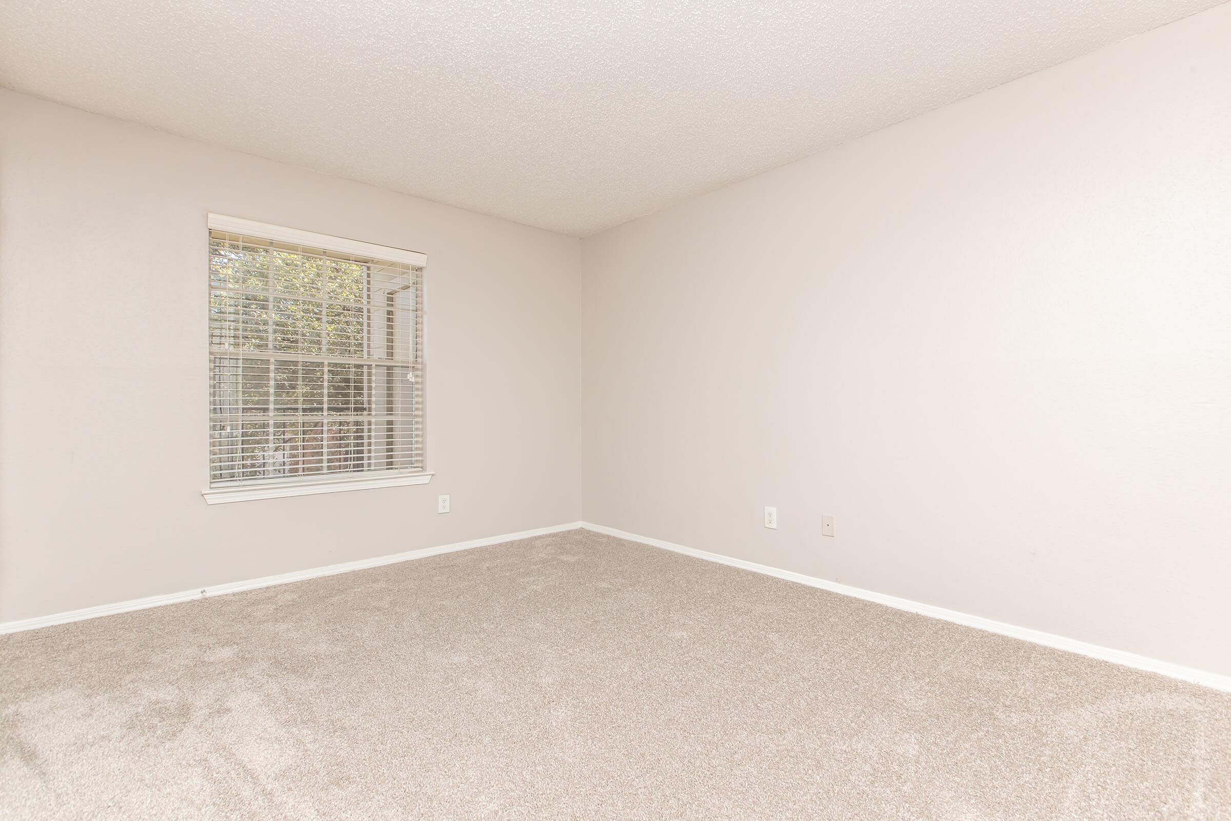 Empty room with light beige walls and freshly carpeted floor. A window with white blinds allows natural light to enter. There are no furnishings or decorations, creating an open and spacious atmosphere. The overall look is clean and neutral, suitable for various interior design styles.