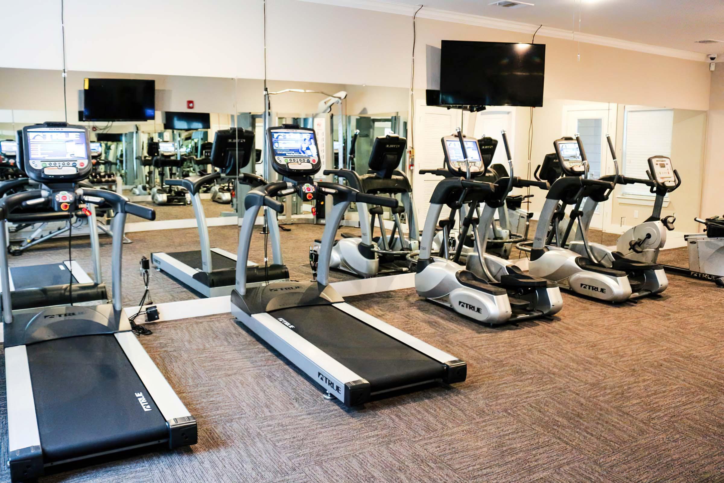 A fitness room featuring several treadmills and ellipticals, all equipped with electronic displays. Mirrors line the walls, and there is a TV mounted in the corner. The flooring is carpeted, creating a comfortable workout environment.