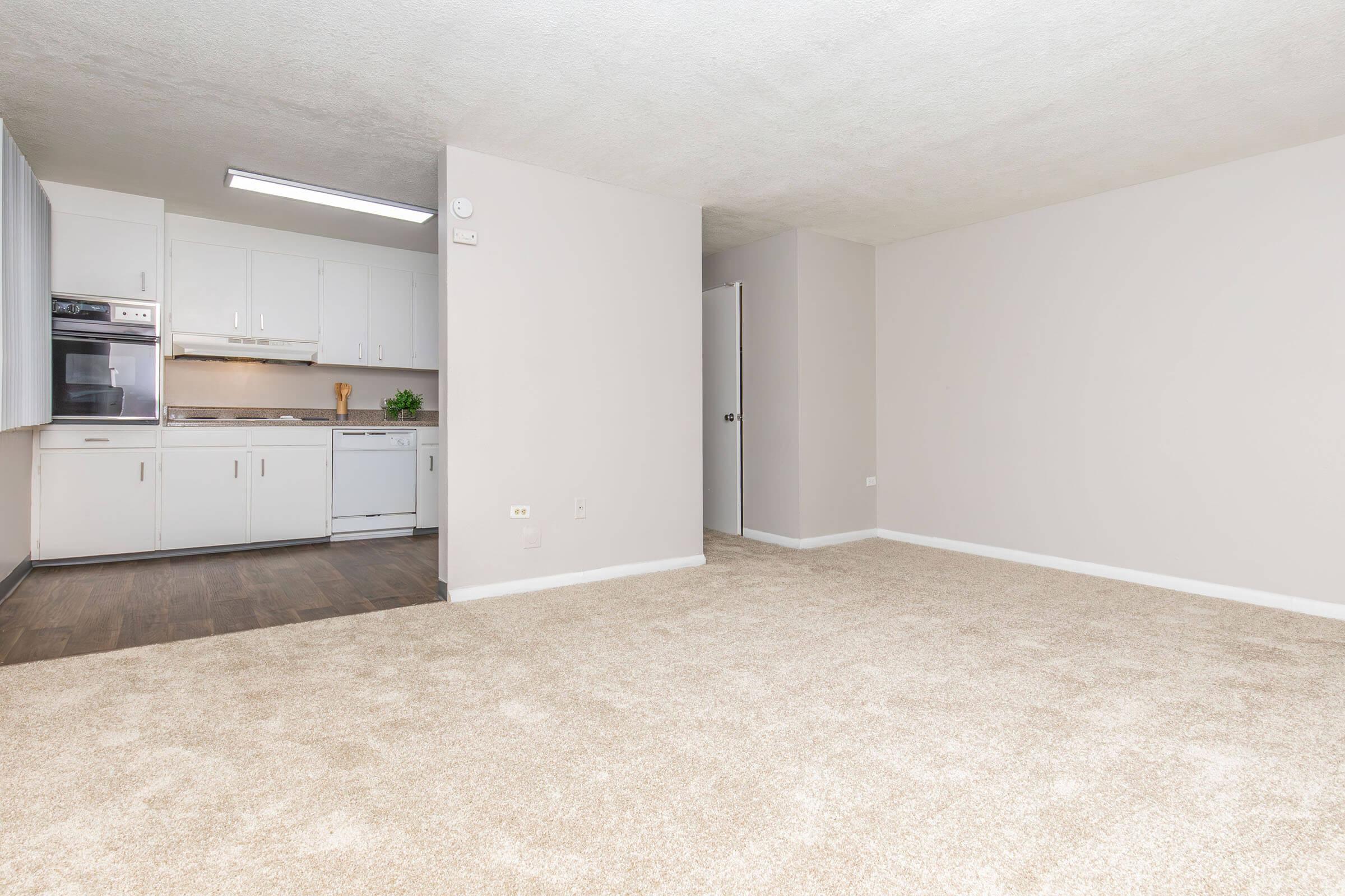 A spacious living area with beige carpet and light gray walls. In the background, a kitchen with white cabinetry, a stove, and a dishwasher is visible. A doorway leads to another room, and the overall ambiance is bright and clean, ideal for a modern apartment setting.