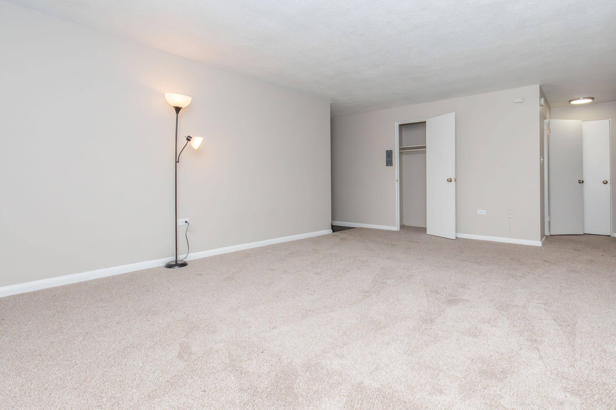 A spacious, empty room with light beige carpet and neutral-colored walls. There is a standing lamp in the corner providing soft lighting, a closet with open doors, and a doorway leading to another room. The overall atmosphere feels bright and inviting, ideal for decorating or personalizing.