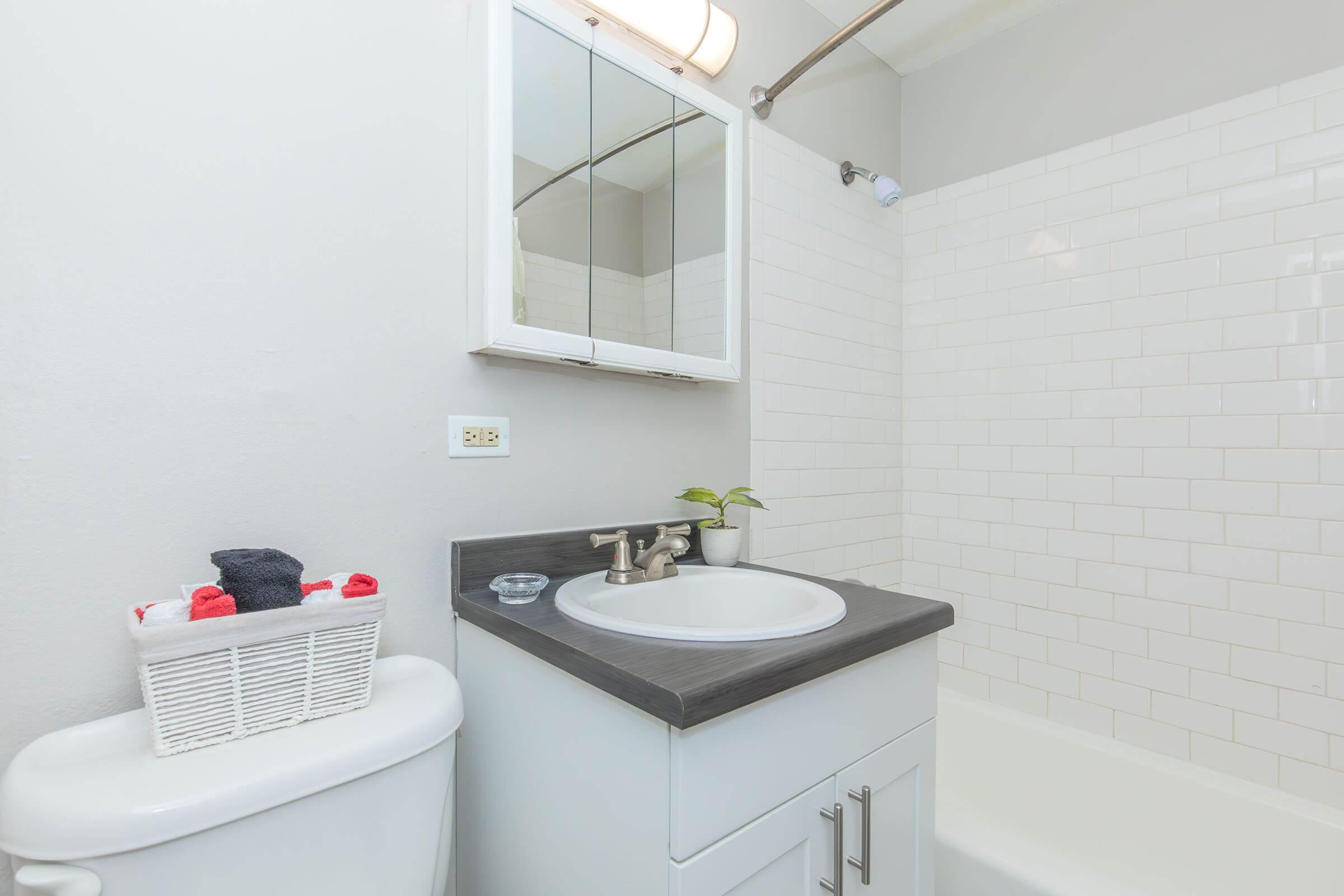 A clean and modern bathroom featuring a white tiled shower, a sleek sink with a dark countertop, a mirror above the sink, and a toilet beside a small basket containing towels. A green plant adds a touch of color to the space.