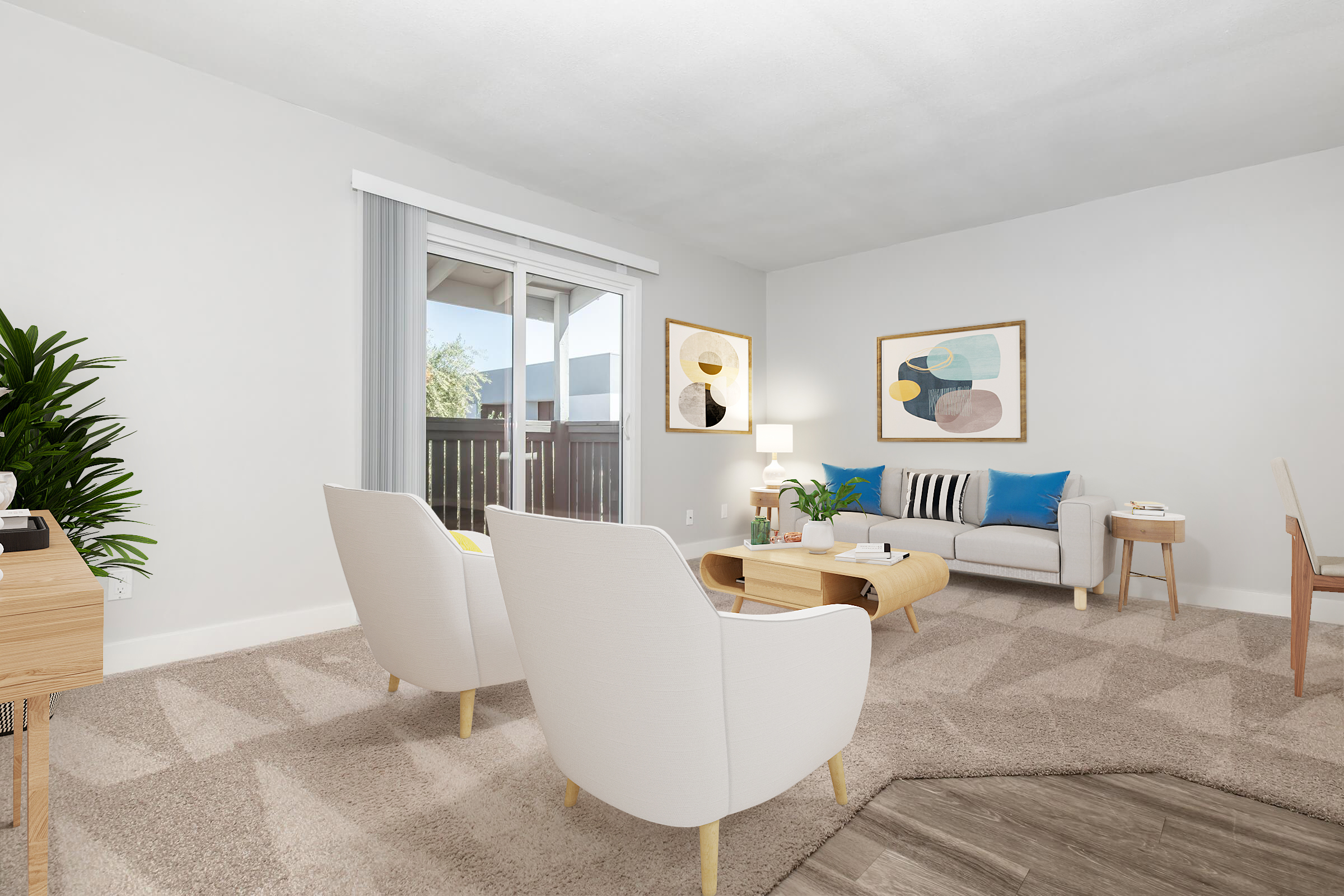 A bright, modern living room featuring two white armchairs, a wooden coffee table, and a gray sofa with decorative pillows. Artwork adorns the walls, and a large window offers natural light, revealing a view of greenery outside. A plush, light-colored rug covers the floor, adding warmth to the space.