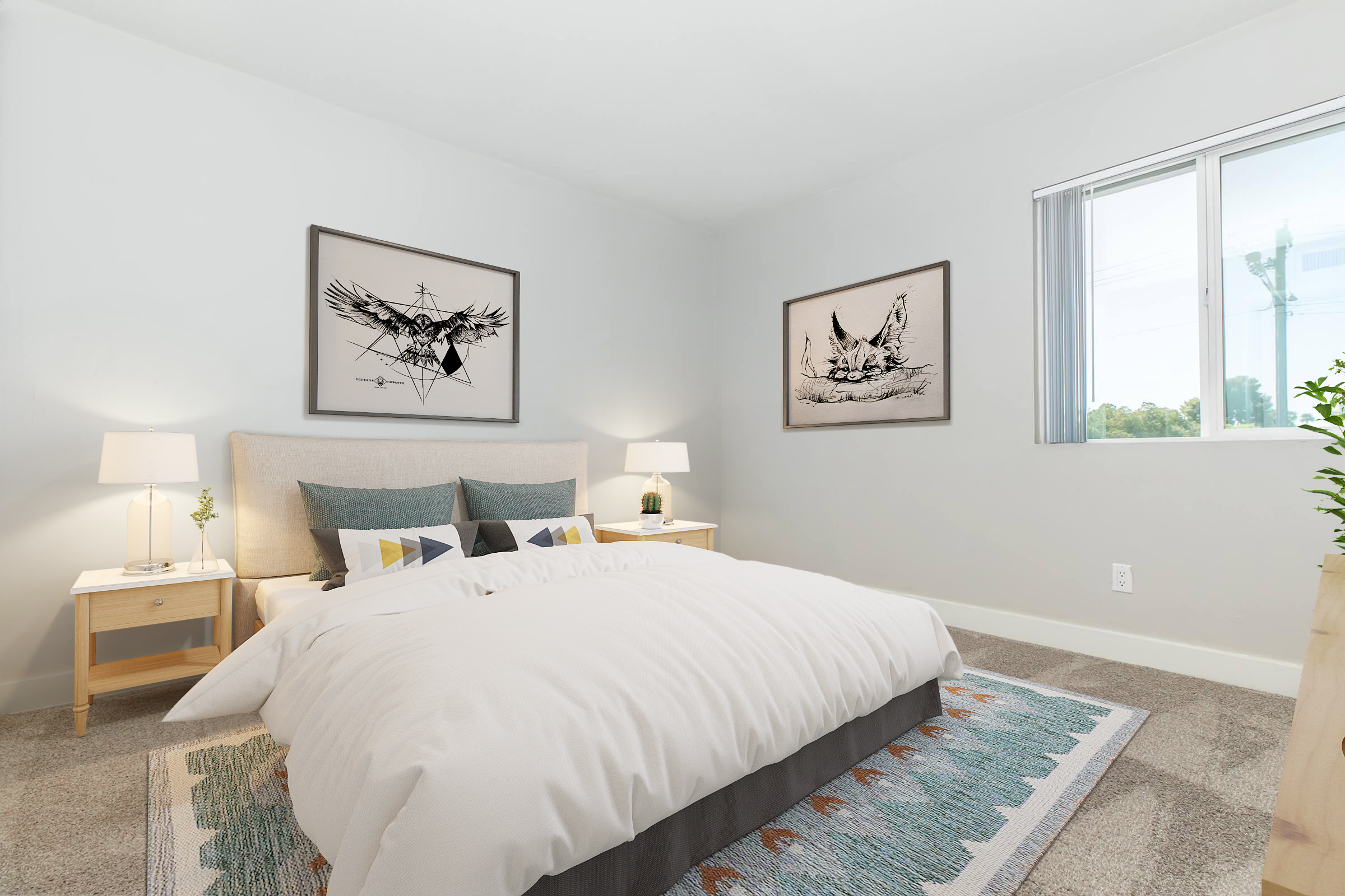 A cozy bedroom featuring a large bed with white bedding, two bedside tables with lamps, and abstract artwork on the walls. The room has light-colored walls and a window allowing natural light in, along with a small plant on a dresser adding a touch of greenery. A soft area rug is placed on the carpeted floor.