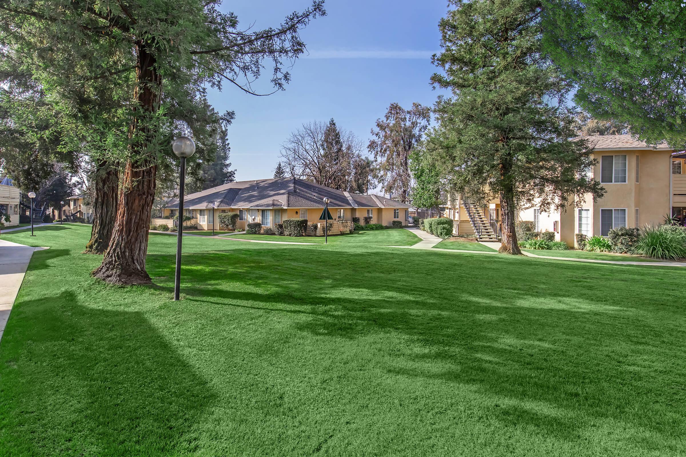 A well-maintained green lawn surrounded by trees and residential buildings. Pathways curve through the landscape, and a lamp post is visible, creating a peaceful and inviting atmosphere in the neighborhood.