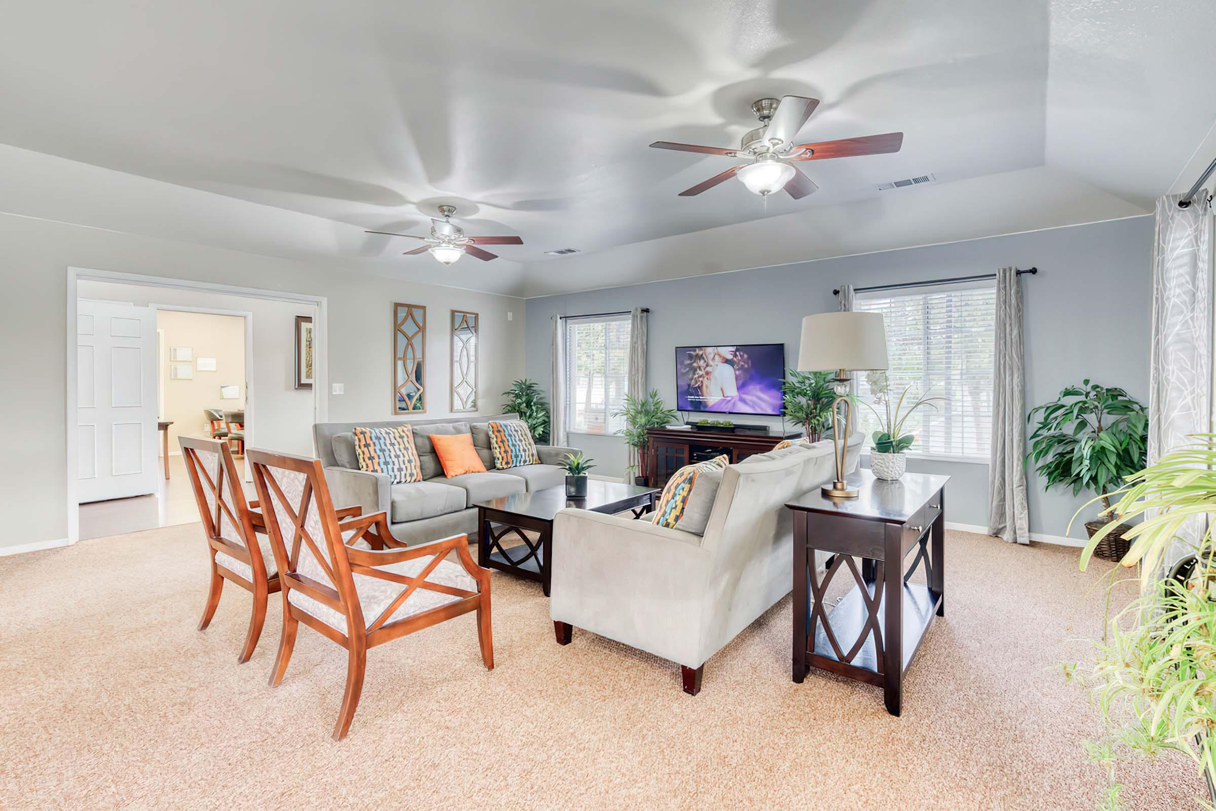 A spacious living room featuring light gray walls and ceiling, two ceiling fans, and large windows with sheer curtains. Furnishings include a light gray sofa, a patterned armchair, and wooden chairs around a coffee table. A flat-screen TV is mounted on the wall, surrounded by decorative plants and warm lighting.
