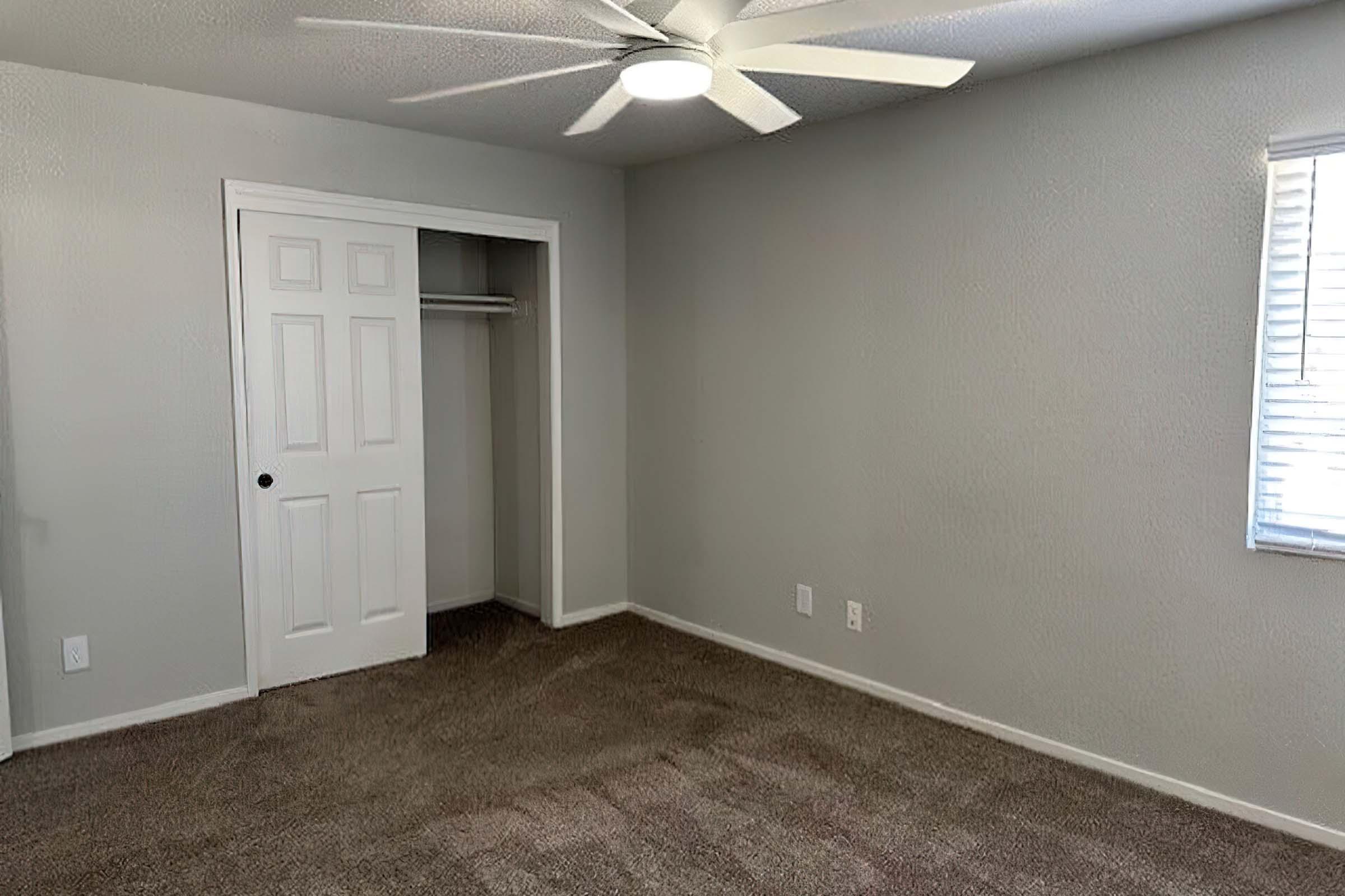 A light-filled room with gray walls and carpeted flooring. It features a ceiling fan, a closet with a door on the left, and a window with blinds on the right. The space appears clean and spacious, ready for furniture placement.
