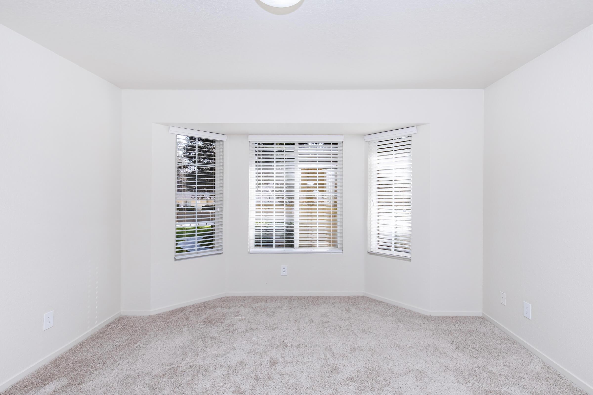Empty room with light beige carpet and white walls. A large bay window features white blinds, offering a view of the outdoors. The space is well-lit with a ceiling light fixture. There are no furnishings, creating a minimalist and open atmosphere.