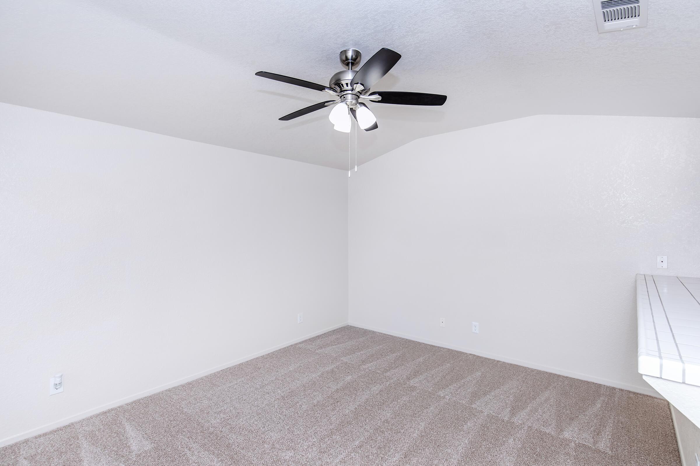 A spacious interior room featuring light-colored walls, a ceiling fan with dark blades, and plush carpet flooring. The room has an open layout and large windows, offering natural light. It is designed for a modern aesthetic with minimalist decor.