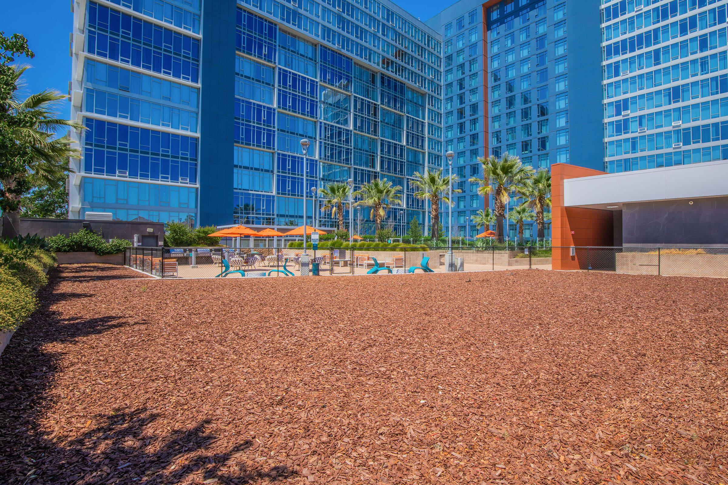 View of a modern apartment complex with large glass windows. In the foreground, a landscaped area filled with wood chips is visible. Behind it, there is a pool area with lounge chairs, umbrellas, and palm trees, set against the backdrop of the sleek building. The sky is clear and blue.
