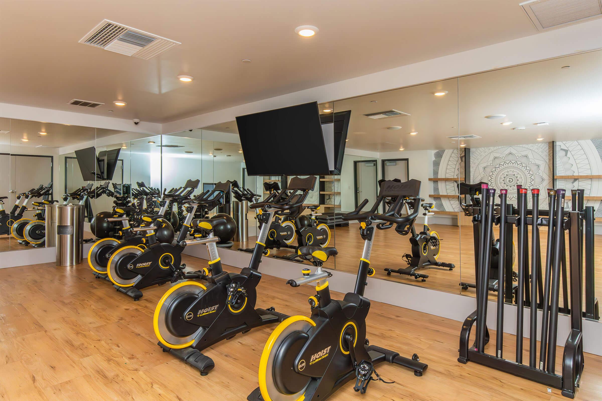 A modern fitness studio featuring stationary exercise bikes arranged in front of large mirrors. A wall-mounted TV displays exercise content. The room has wooden flooring and a clean, contemporary design, creating an inviting atmosphere for workouts. Exercise equipment is neatly organized along one wall.