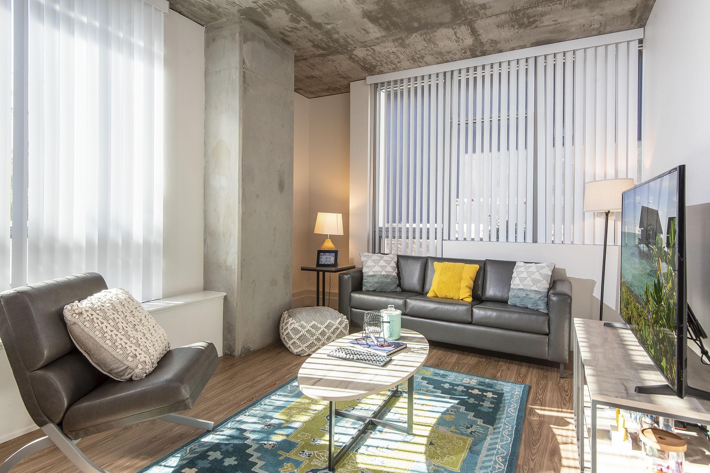 A modern living room featuring a cozy gray sofa with colorful cushions, a stylish armchair, and a round coffee table. Natural light streams in through vertical blinds, illuminating the space. A flat-screen TV is on a media console, and a lamp adds warmth to the inviting atmosphere. A decorative rug complements the decor.