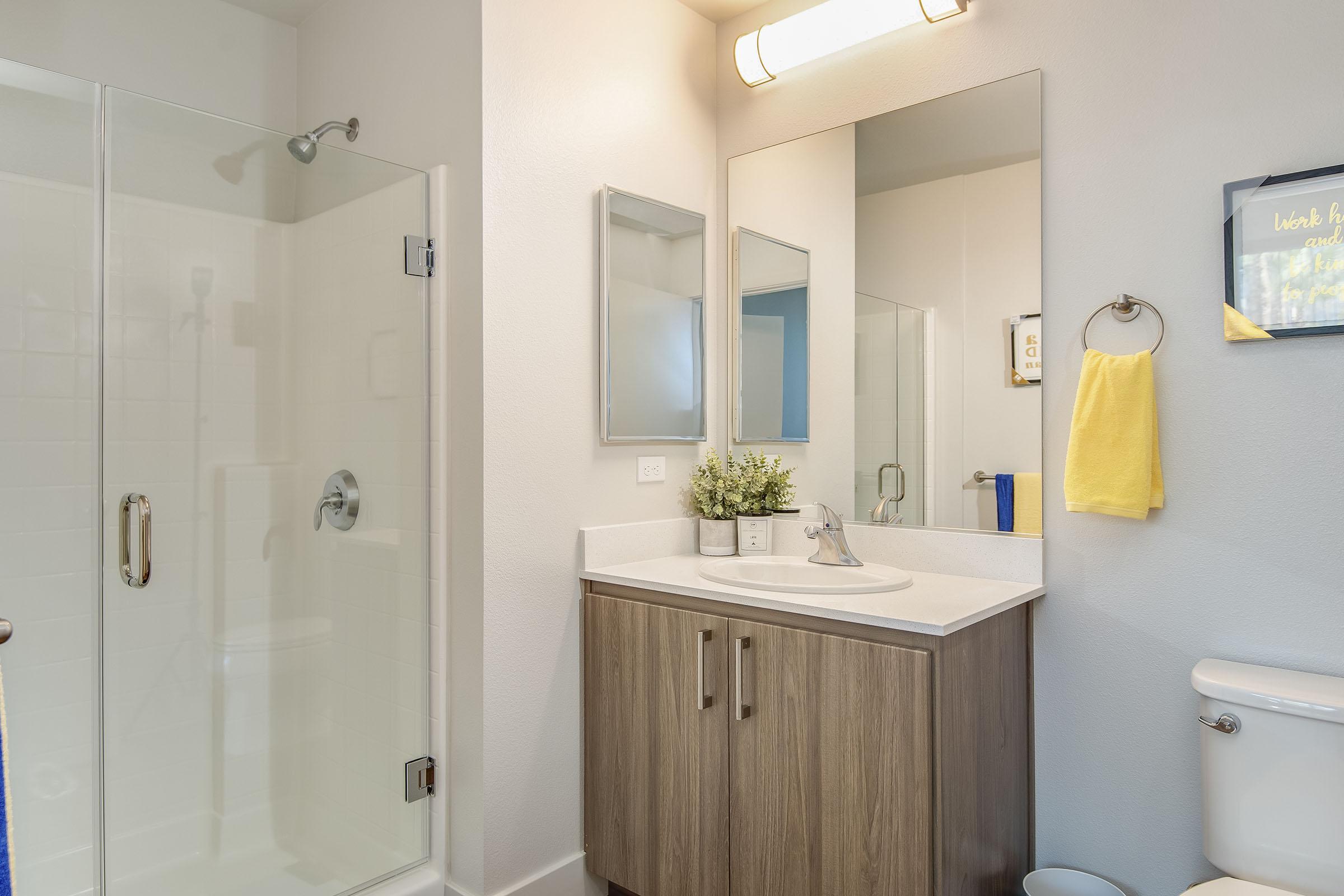 A modern bathroom featuring a glass shower enclosure, a sleek wooden vanity with a sink, a large mirror, and a framed motivational sign. The decor includes a bright yellow towel hanging on a towel rack and a small potted plant on the counter, enhancing the clean and contemporary feel of the space.