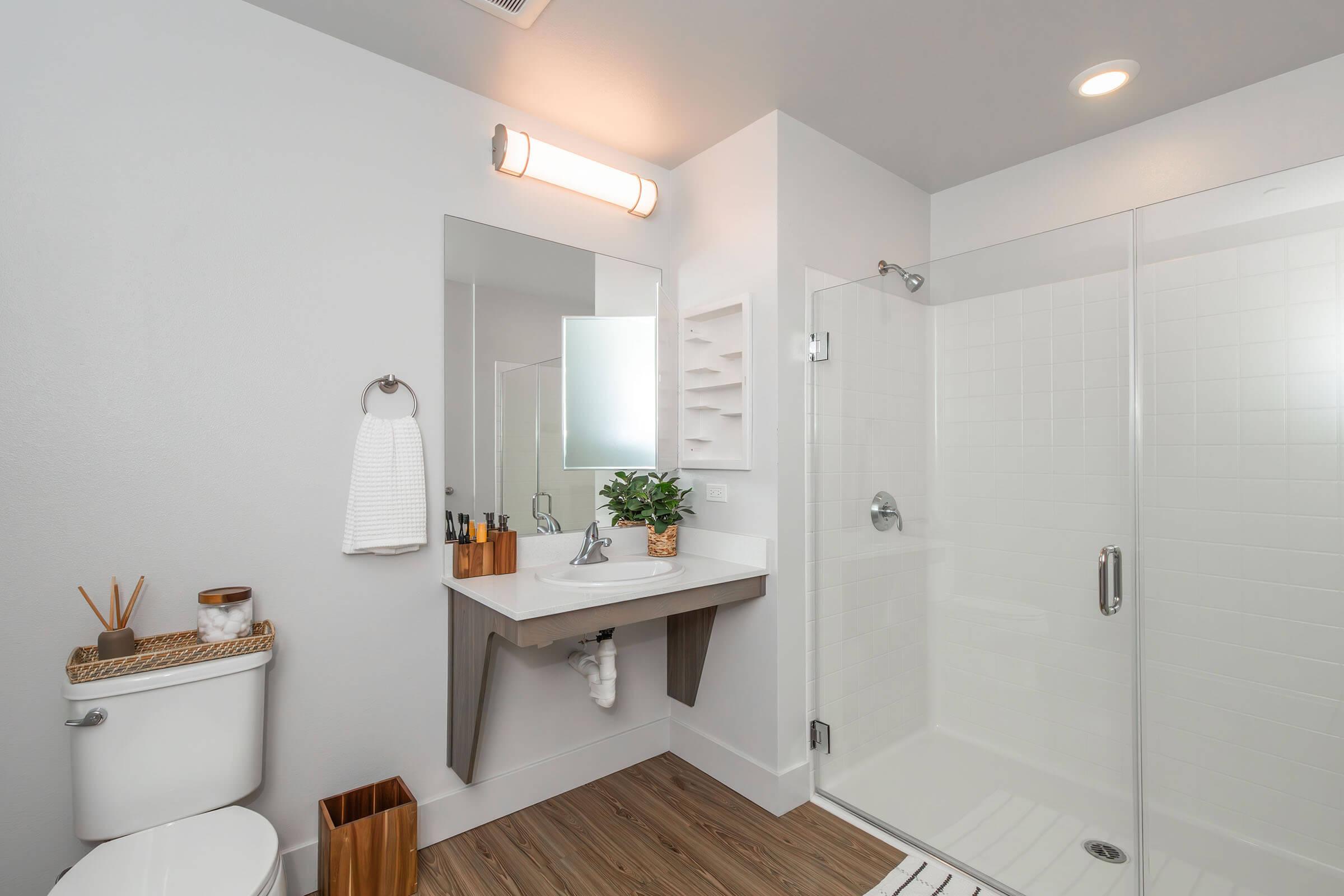 Modern bathroom featuring a sleek shower with glass doors, a wall-mounted sink with a wooden shelf, a toilet, and minimalist decor. Natural wood flooring complements the light-colored walls and ample natural light from the window. A small plant adds a touch of greenery to the space.