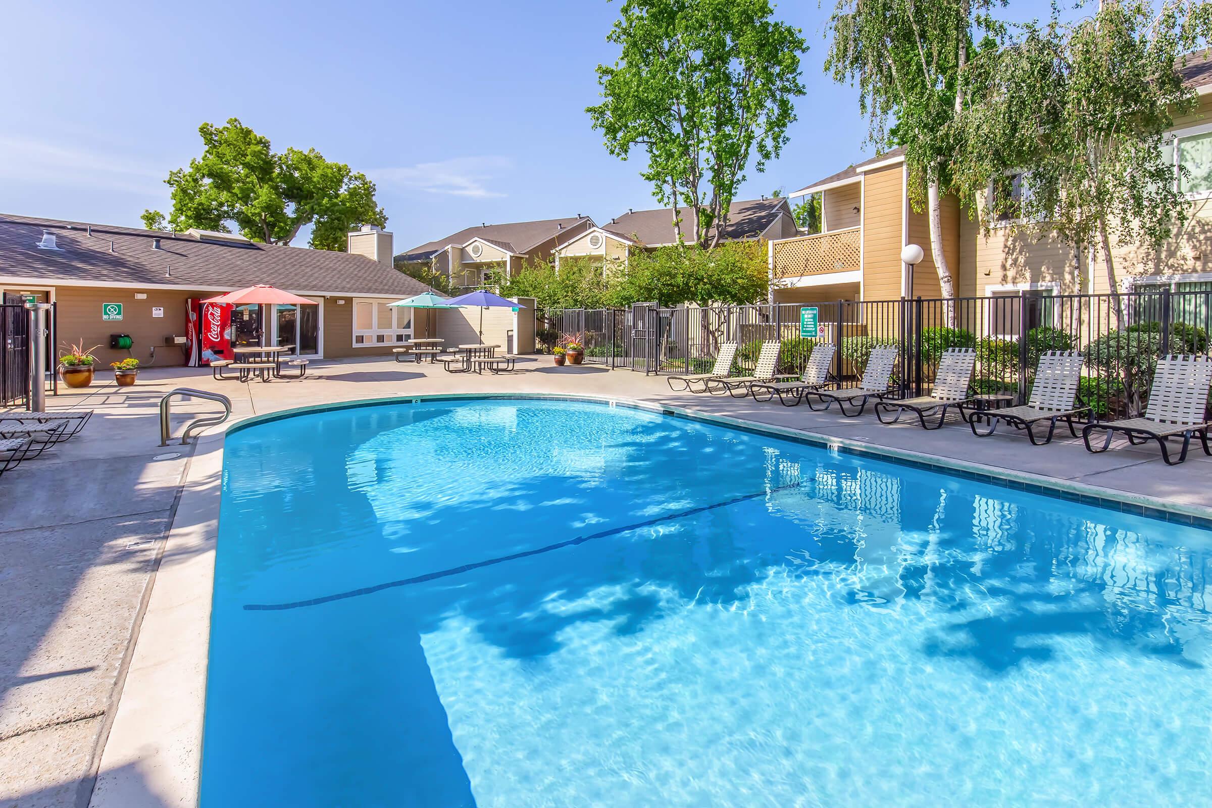 A bright and inviting outdoor swimming pool surrounded by lounge chairs and potted plants. Sunlight reflects off the water, and there are umbrellas providing shade nearby. The area is well-maintained, with residential buildings visible in the background, creating a relaxing atmosphere.