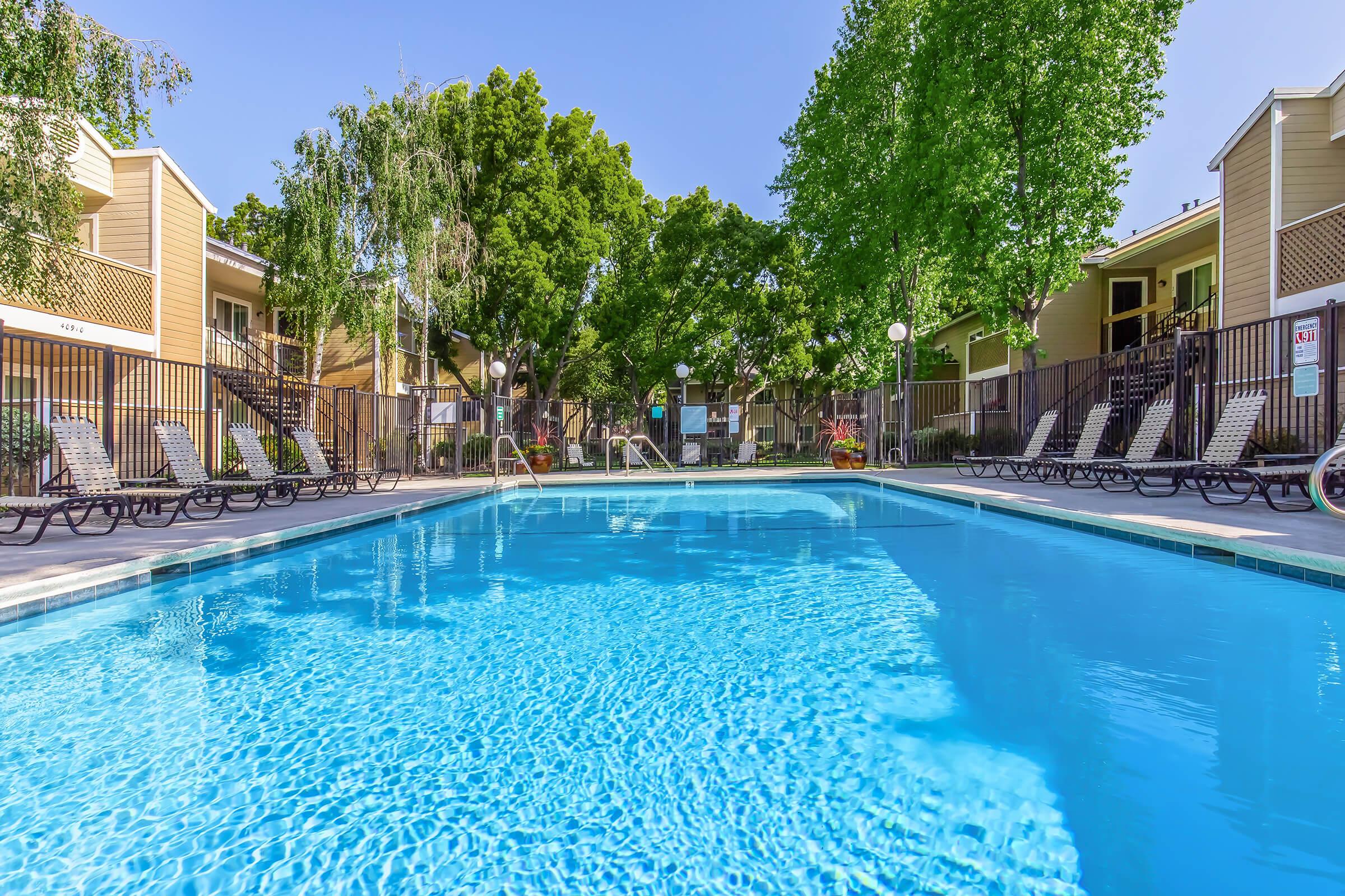 A clear swimming pool surrounded by lounge chairs, with trees and residential buildings in the background. Sunlight reflects on the water, creating a tranquil and inviting atmosphere. The area is enclosed by a fence, adding privacy to the poolside environment.