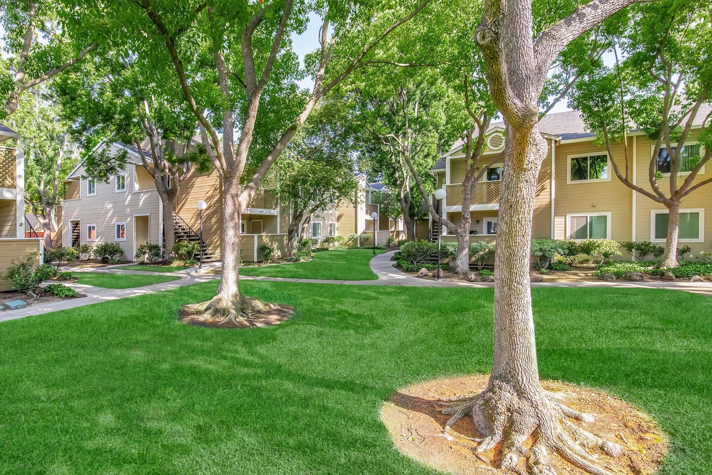 A peaceful residential area showcasing well-maintained apartments surrounded by lush green grass and trees. Pathways meander through the landscape, inviting residents to enjoy the outdoor space. Sunlight filters through the leaves, creating a serene and inviting atmosphere.