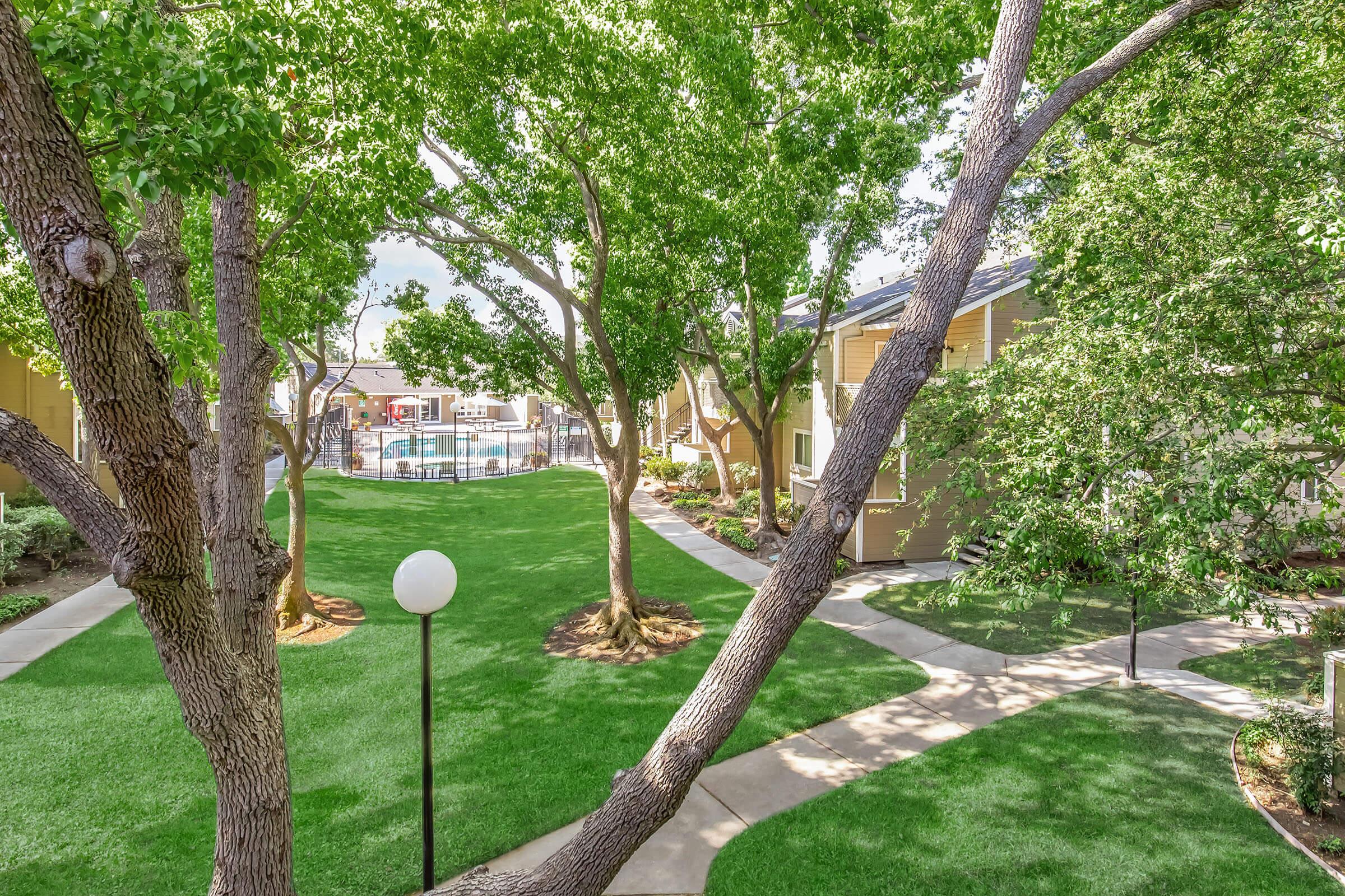 A landscaped area featuring lush green grass, well-maintained trees, and a winding pathway. In the background, there is a swimming pool surrounded by buildings, creating a serene outdoor environment. A lamppost stands among the greenery, adding to the inviting atmosphere.