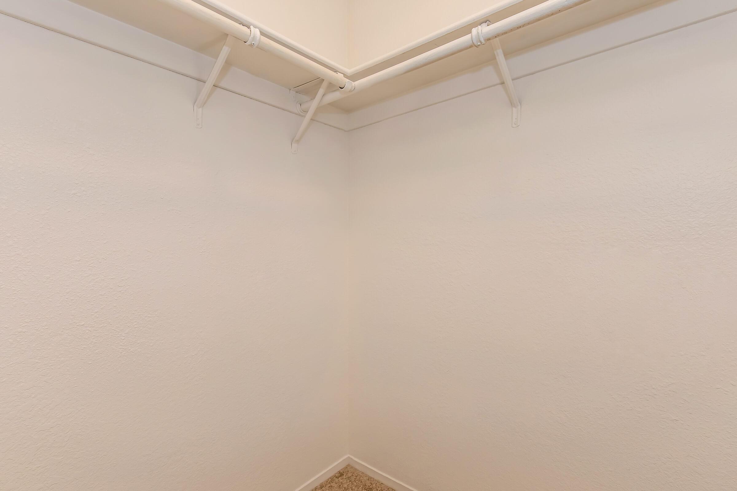 A spacious empty closet featuring plain white walls and two horizontal rods for hanging clothes. The floor is carpeted, and there are no shelves or additional storage features visible. The overall appearance is clean and minimalistic.