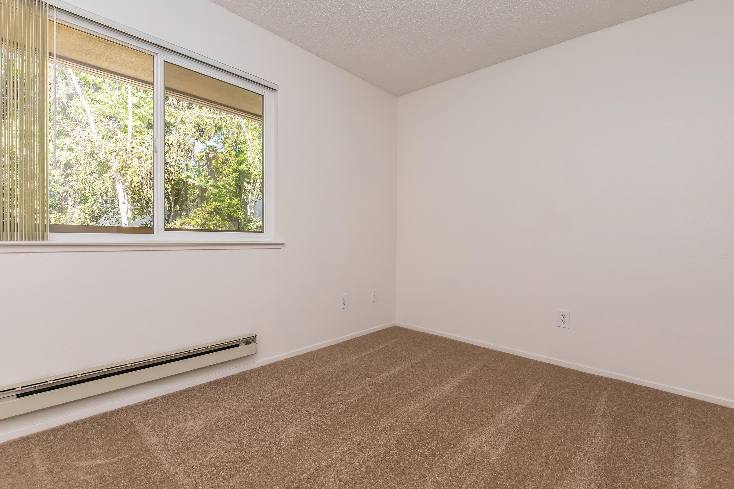 Empty room with light beige carpeting and white walls. A window is visible on the left side, allowing natural light to enter and featuring vertical blinds. The room has a neutral and spacious feel, with no furniture or decorations present. A heater is located along the lower wall.