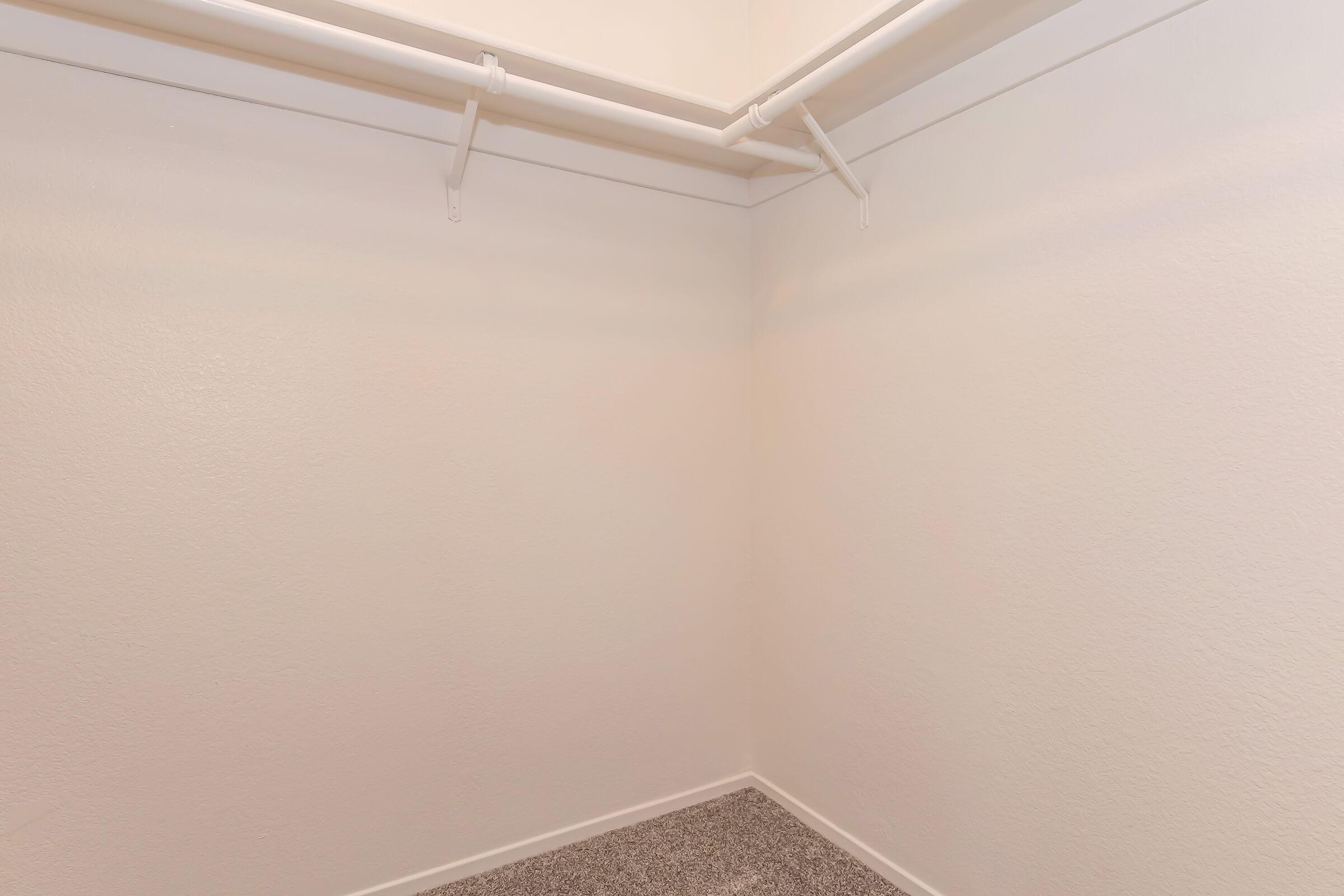 Empty closet space with white walls and light grey carpet. Two horizontal rods for hanging clothes are visible on the wall. The overall appearance is clean and minimalistic, emphasizing the simplicity of the area.