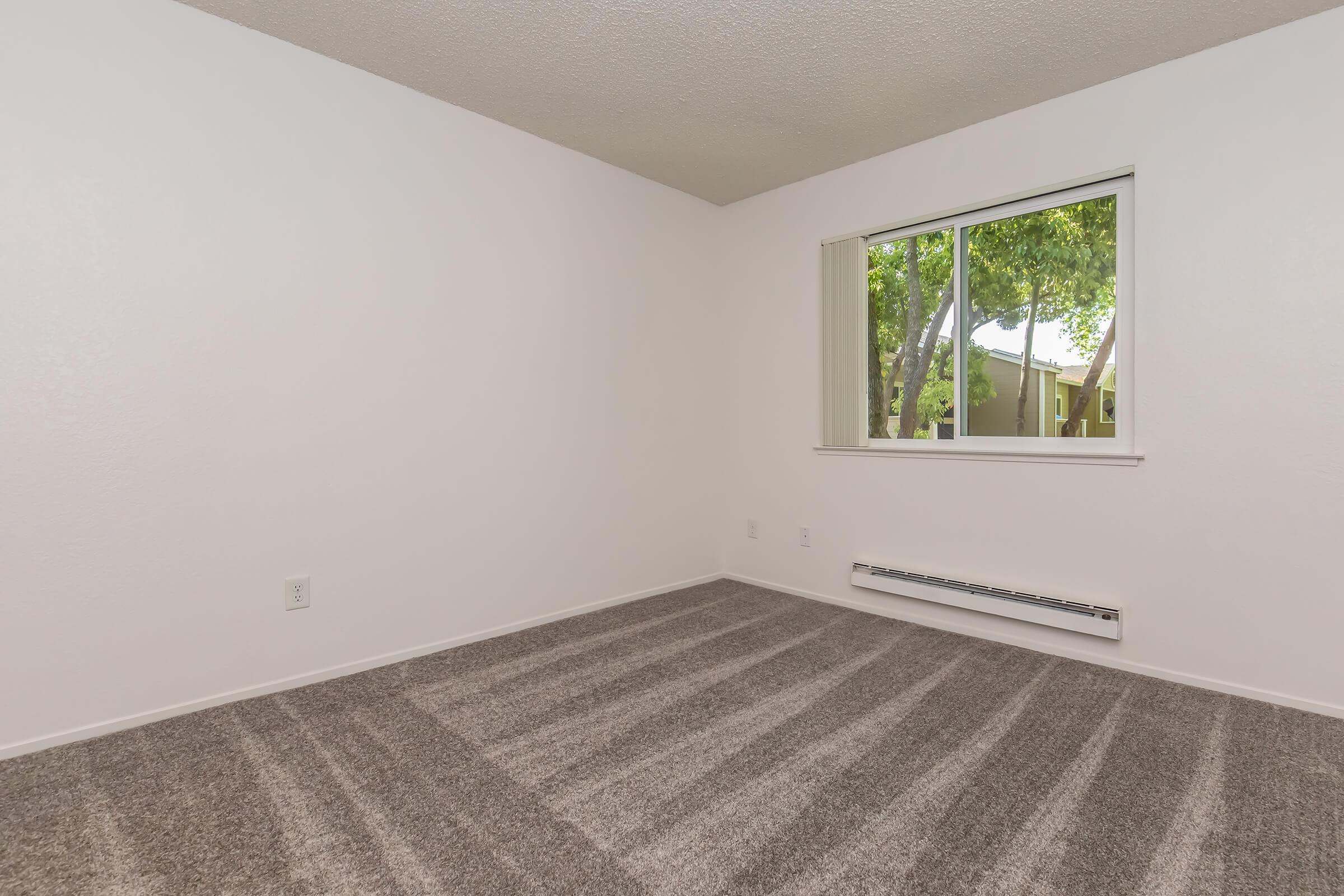An empty room with light gray carpet and white walls. A window on the left side allows natural light to enter, with a view of trees outside. Baseboard heating visible along the bottom wall. The room is clean and uncluttered, suggesting a fresh living space ready for furnishings.