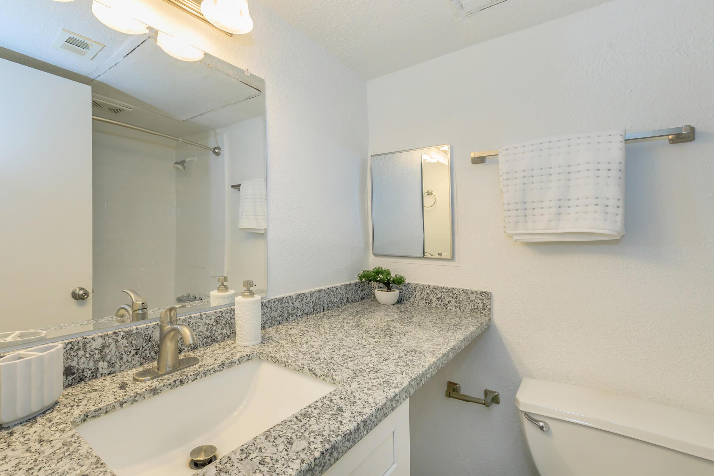 A clean, bright bathroom featuring a white countertop with a sink, a mirror above, and a small potted plant. The walls are painted white, and there is a towel hanging on a rack. A shower area is visible in the background, along with a toilet. The overall decor is modern and minimalistic.