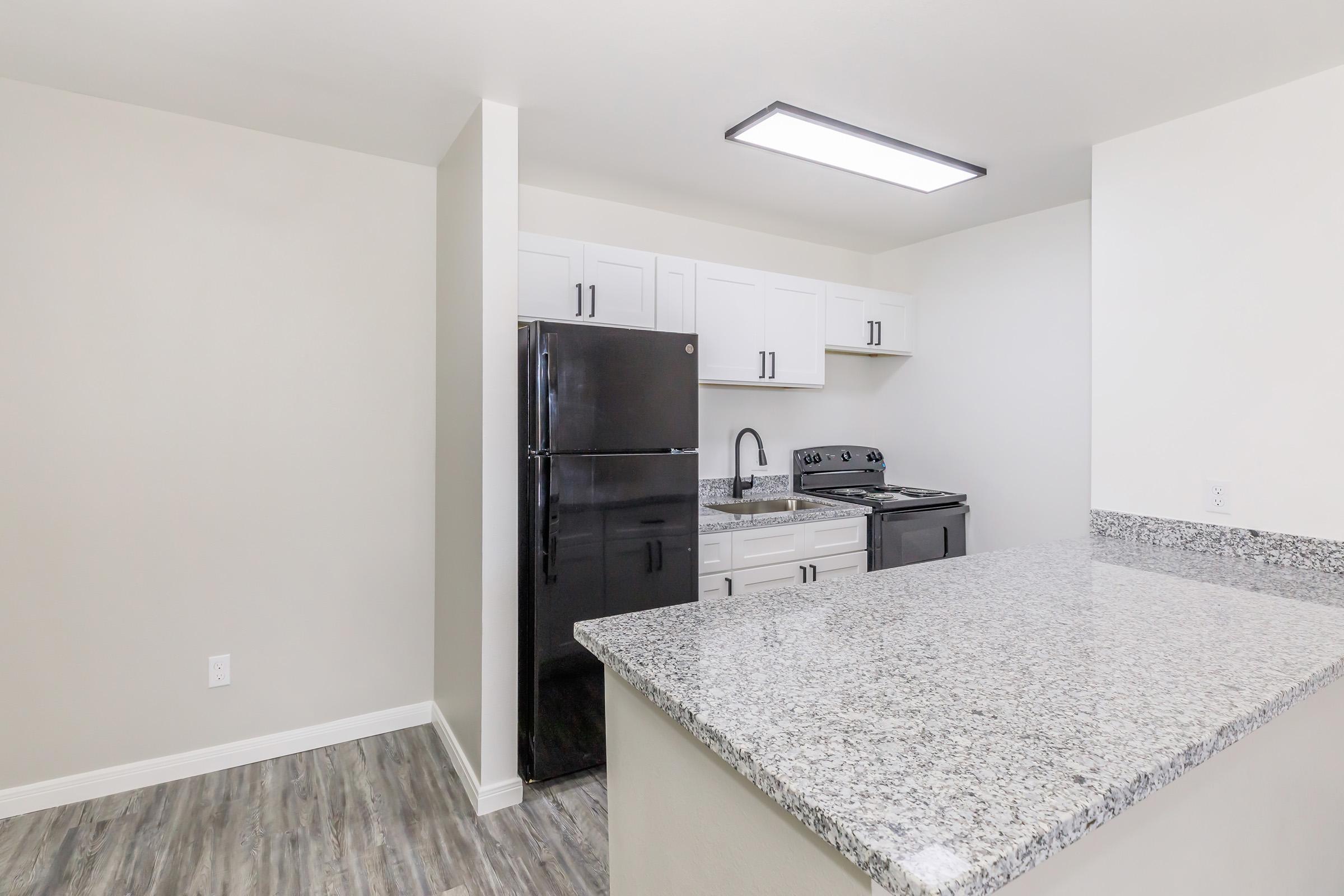 Modern kitchen with a black refrigerator, stainless steel stove, and white cabinetry. The countertop is made of granite, and the background features neutral-colored walls. Ample lighting is provided by a ceiling fixture. The floor has a wood-like finish, creating a warm and inviting atmosphere.