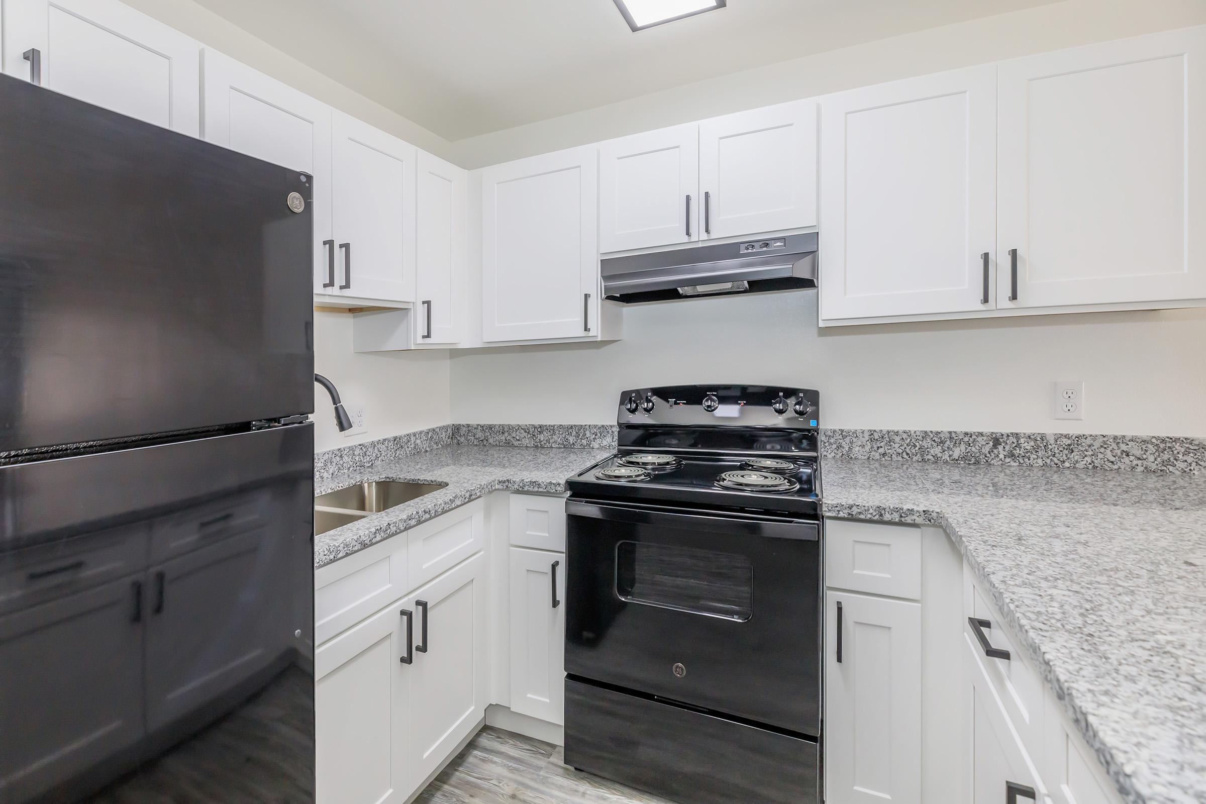 Modern kitchen featuring black appliances, including a refrigerator and stove, set against white cabinets and a granite countertop. The design is clean and contemporary, with bright lighting and an open layout. The sink is visible, complementing the overall aesthetic of the space.