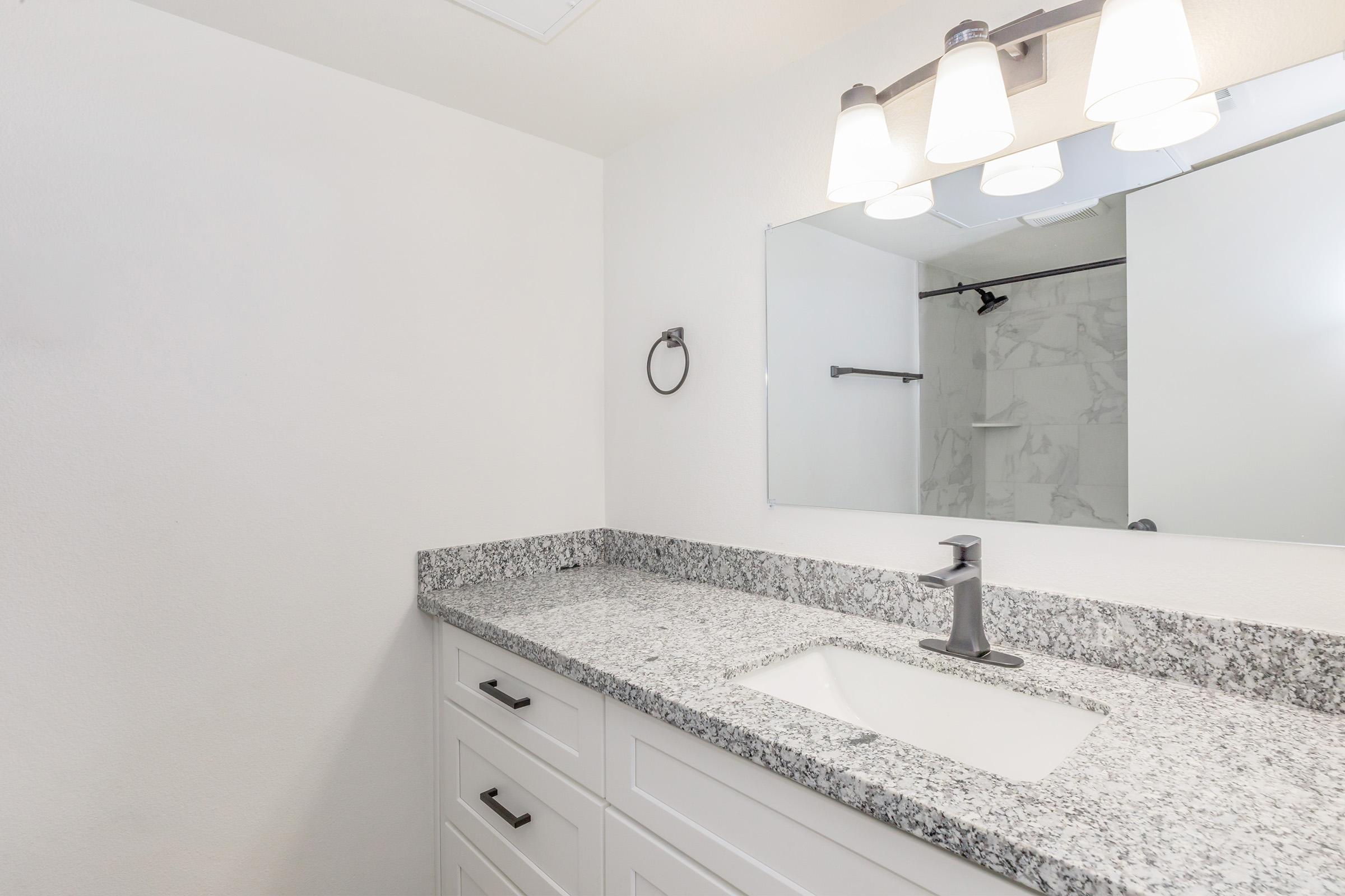 A bright, modern bathroom featuring a granite countertop with an undermount sink, a sleek faucet, and a large mirror above. The walls are painted white, and there's a stylish light fixture with three bulbs. A marble-patterned shower area is visible in the background.