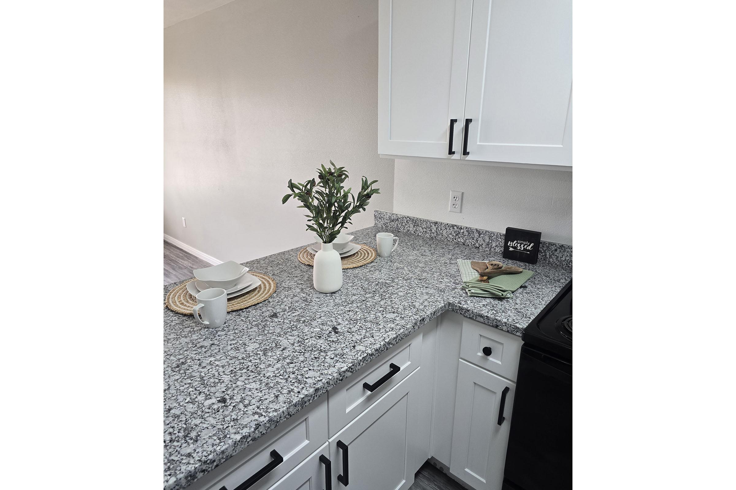 A modern kitchen countertop featuring gray granite surfaces, white cabinetry, and a minimalist decor. There are two white plates, two cups, and a small vase with greenery arranged on a placemat. A black decorative item is visible alongside a folded green cloth. The background shows a light-colored wall and a glimpse of an open space.