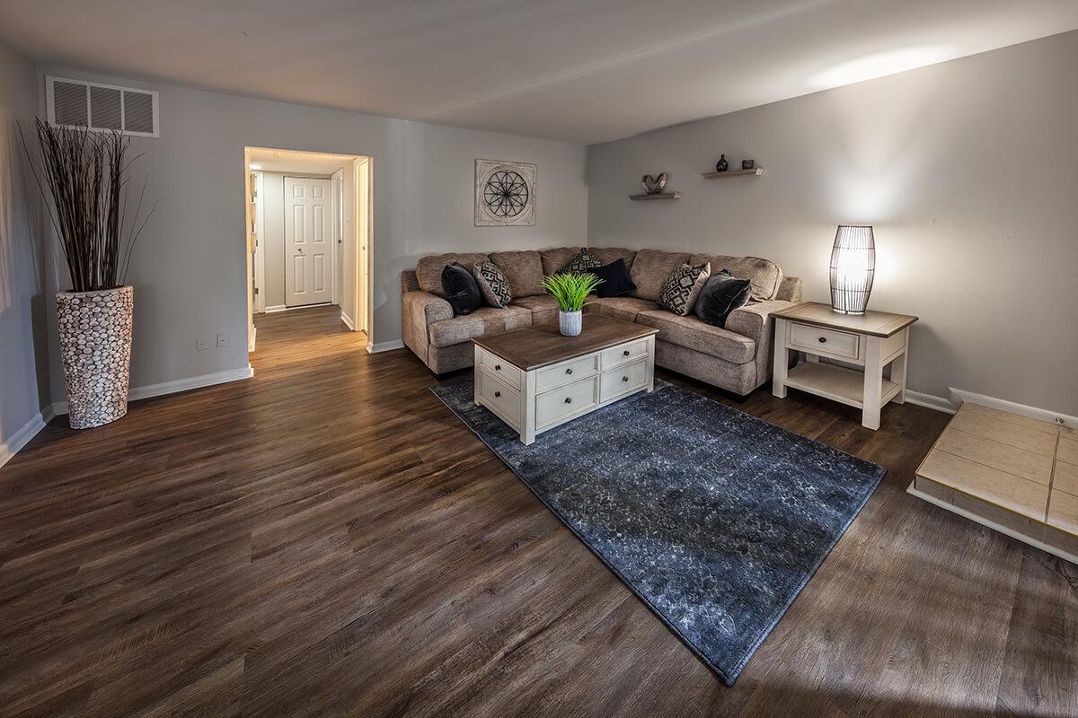 a living room with a wood floor