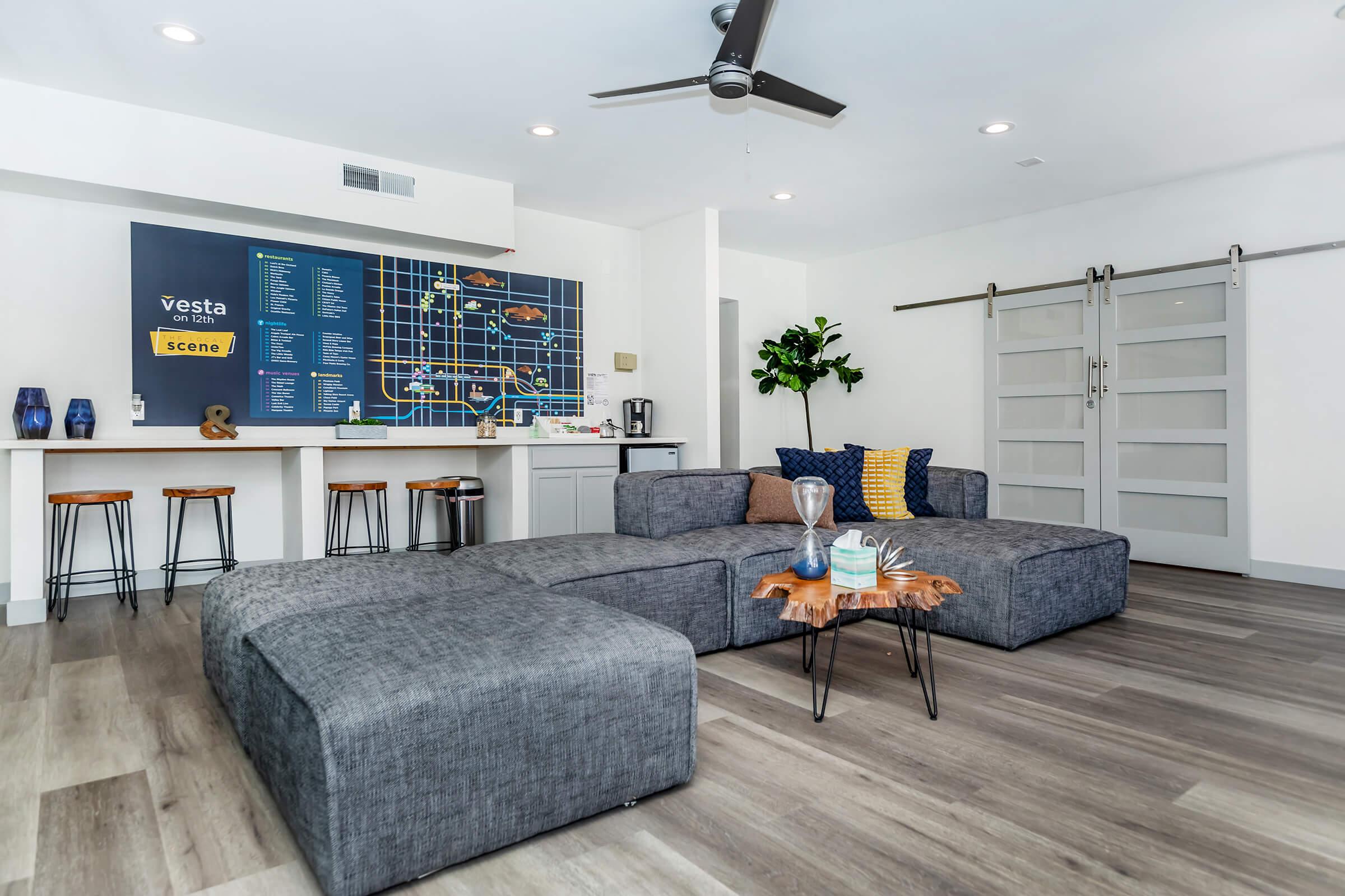 a living room with a wooden floor