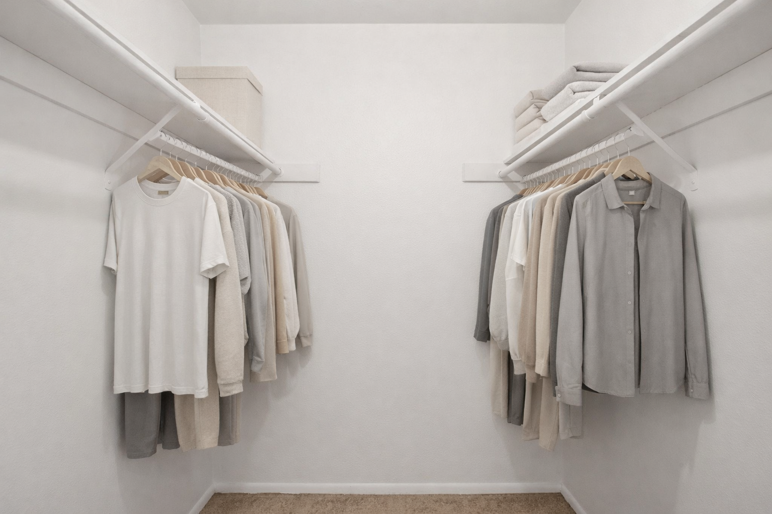 A neatly organized closet featuring two hanging rods. The left side displays a collection of light-colored, casual clothing, including t-shirts and shorts. The right side contains a row of neatly arranged, long-sleeved shirts and blouses in neutral tones. Shelves above hold folded towels and a storage box.
