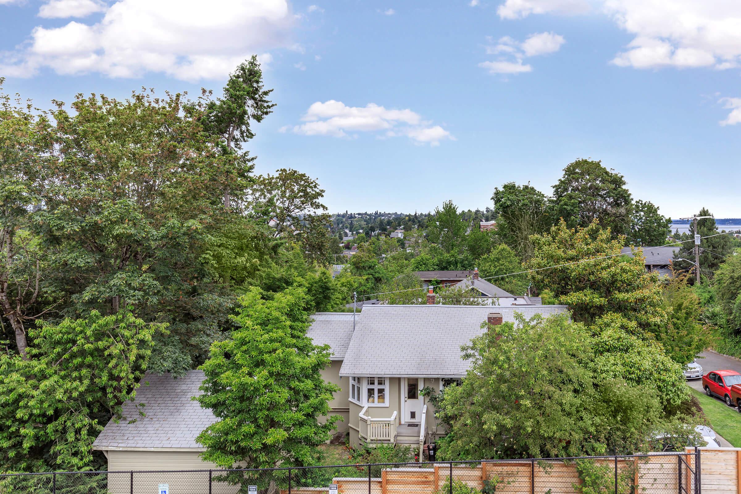 Aerial view of a residential neighborhood featuring a single-story house surrounded by lush green trees and bushes. The scene includes a clear blue sky with a few clouds and distant views of more houses and greenery in the background. The area appears peaceful and well-kept.