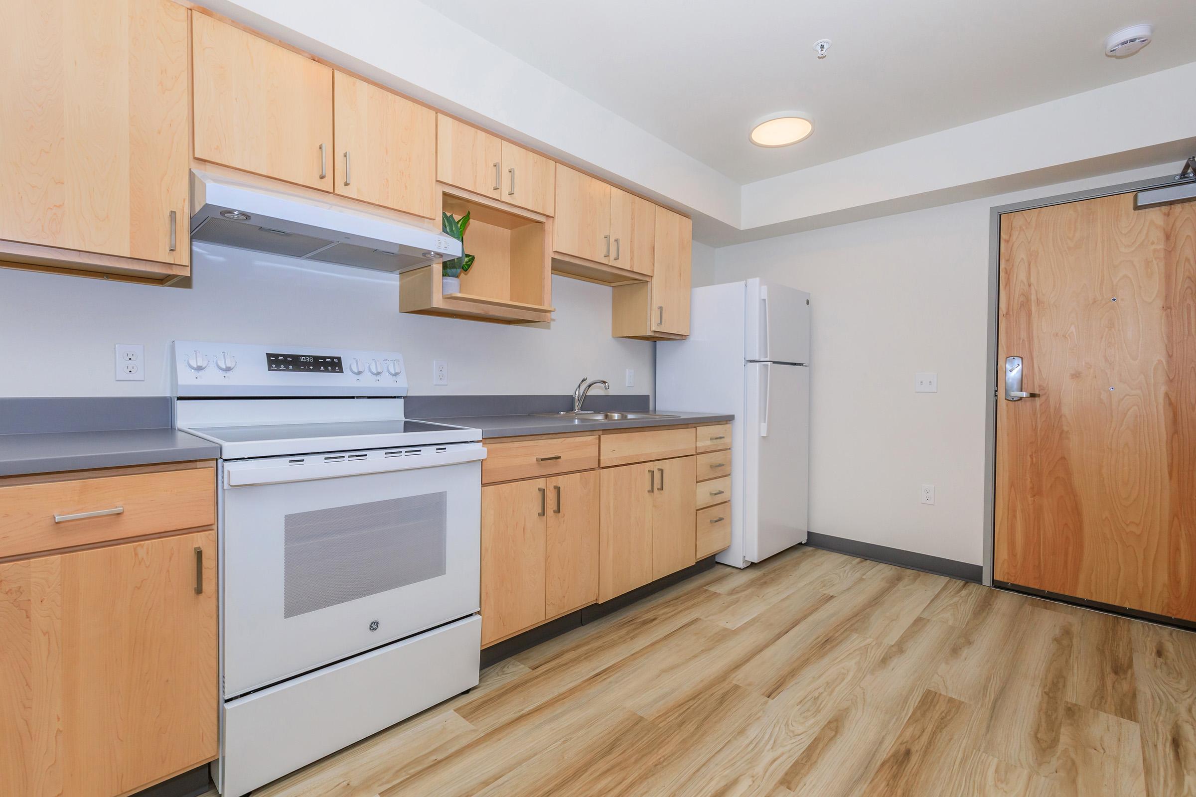 Modern kitchen with light wood cabinets, gray countertops, and a white stove and refrigerator. The space features an open design, with a small plant on the countertop and a door leading outside, complemented by laminate flooring in a light wood finish.